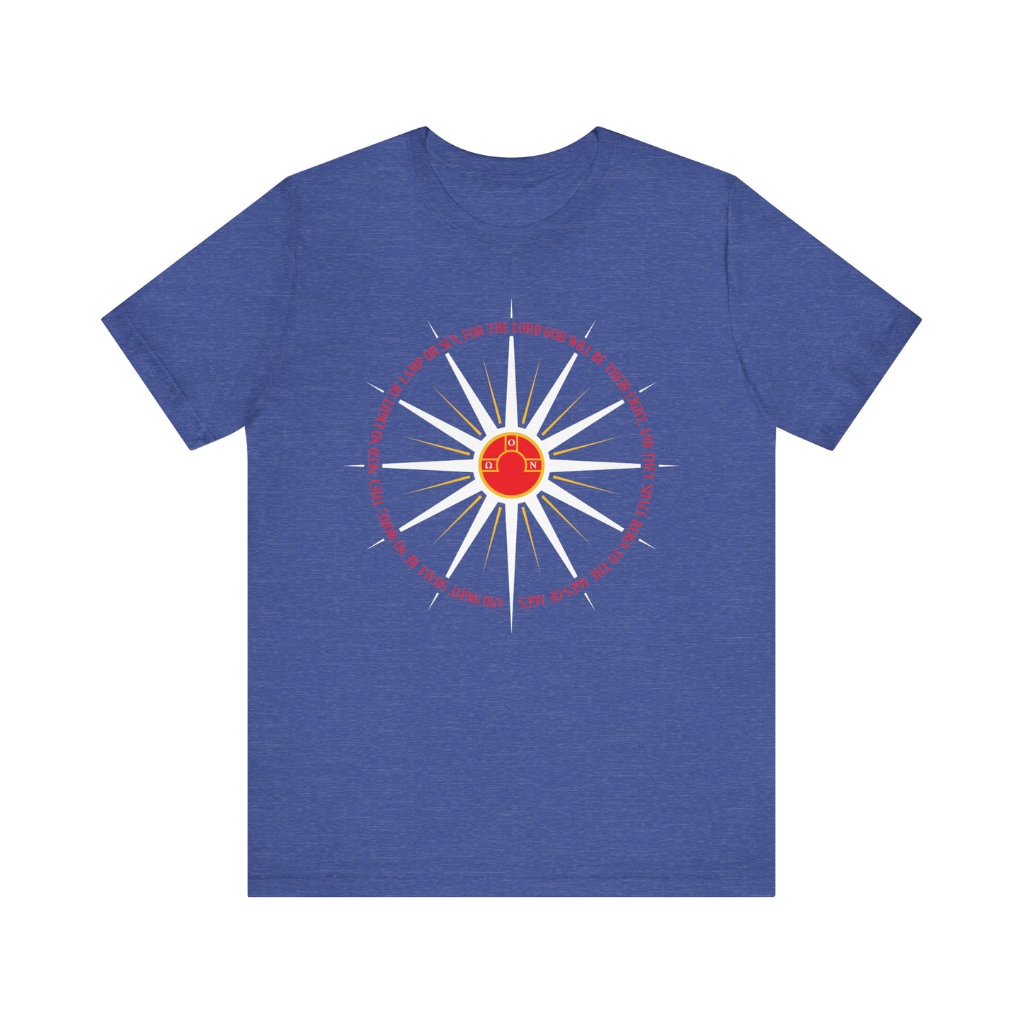 Heather True Royal cotton t-shirt featuring blazing sun rays and apocalyptic design, inspired by "And Night Shall Be No More" (Rev. 22:5), symbolizing the Orthodox Christian journey to the heavenly homeland.
