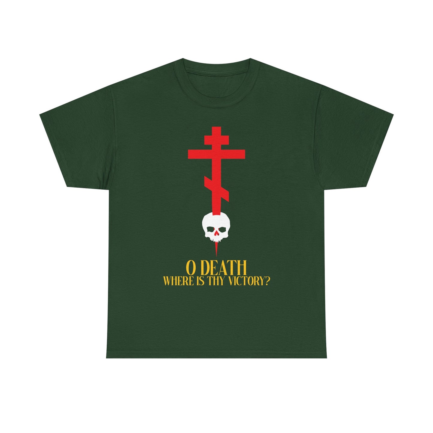 O Death Where is Thy Victory? (1 Corinthians 15:55) | Cross Stabbing Skull | Jesus Christ is King | Orthodox Midweight Cotton Unisex Tee