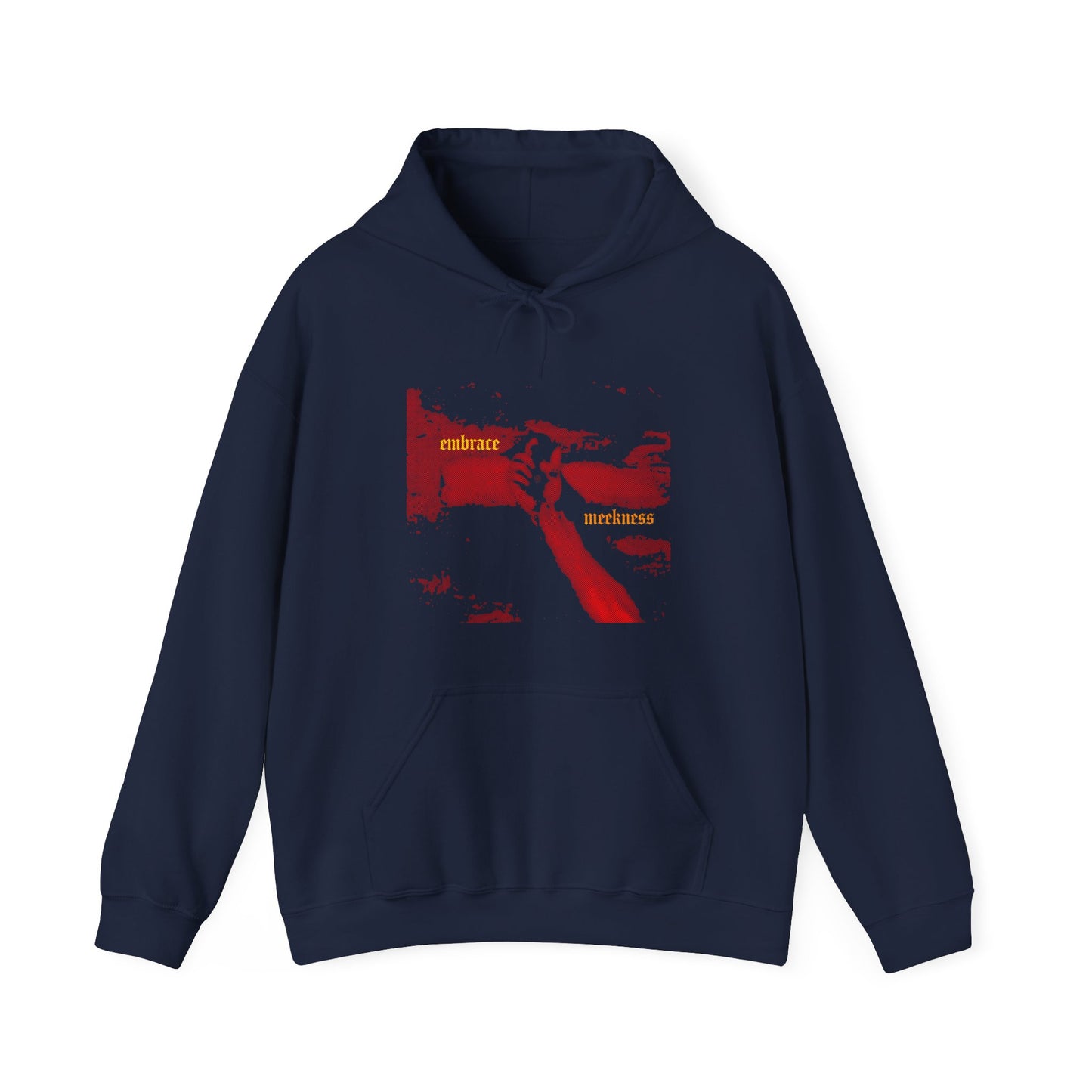 Navy "Embrace Meekness" hoodie featuring a red graphic of crucified hands and "meekness—the foundation of wisdom" in yellow gothic font. Christian design by Haltone Art.