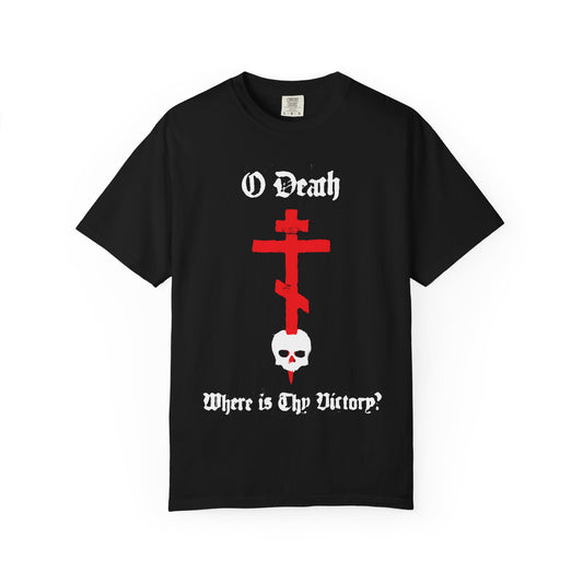 Black heavyweight cotton unisex tee featuring a spraypaint-style red cross stabbing a white skull, with gothic text: "O Death Where is Thy Victory?" Inspired by 1 Cor 15:55 and the Orthodox promise of victory over death.