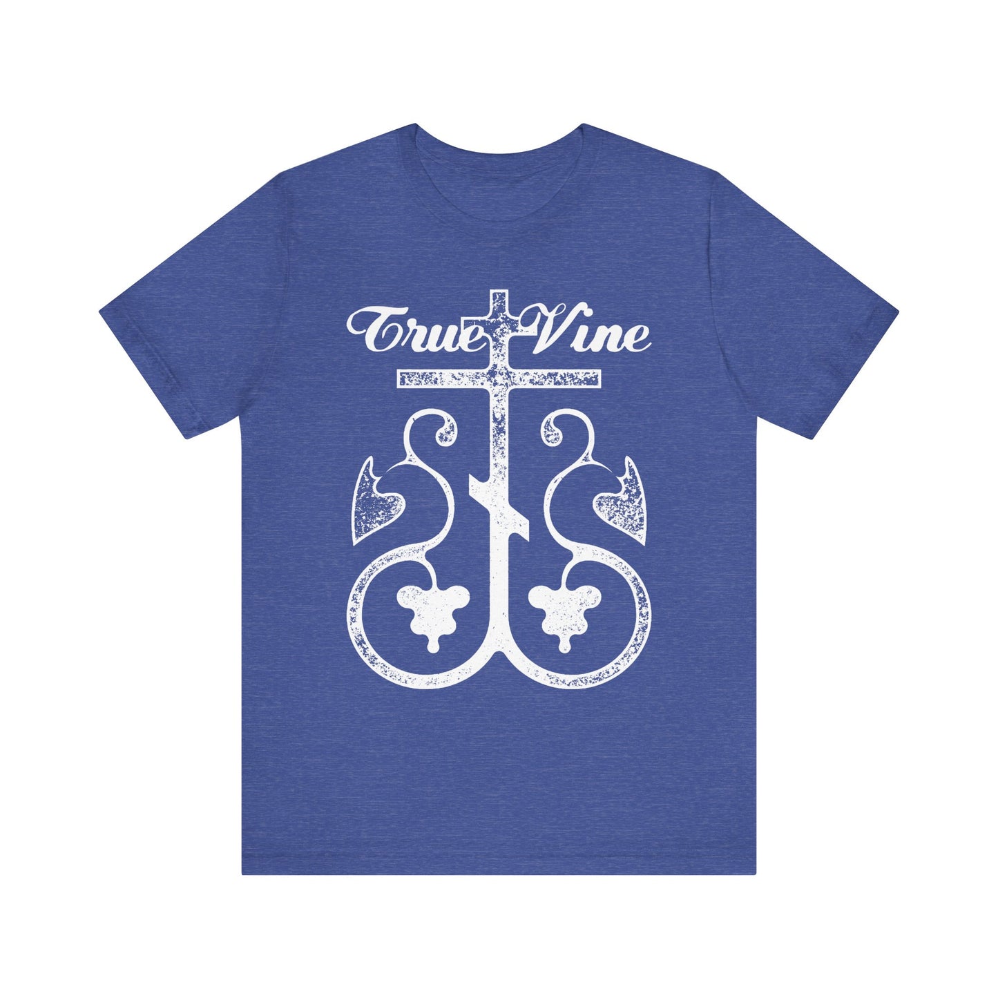Heather True Royal t-shirt featuring an Orthodox cross with grape vine, inspired by John 15 and Ezekiel 15. Photocopy effect design. Lightweight cotton unisex style with "I Am the True Vine" theme.