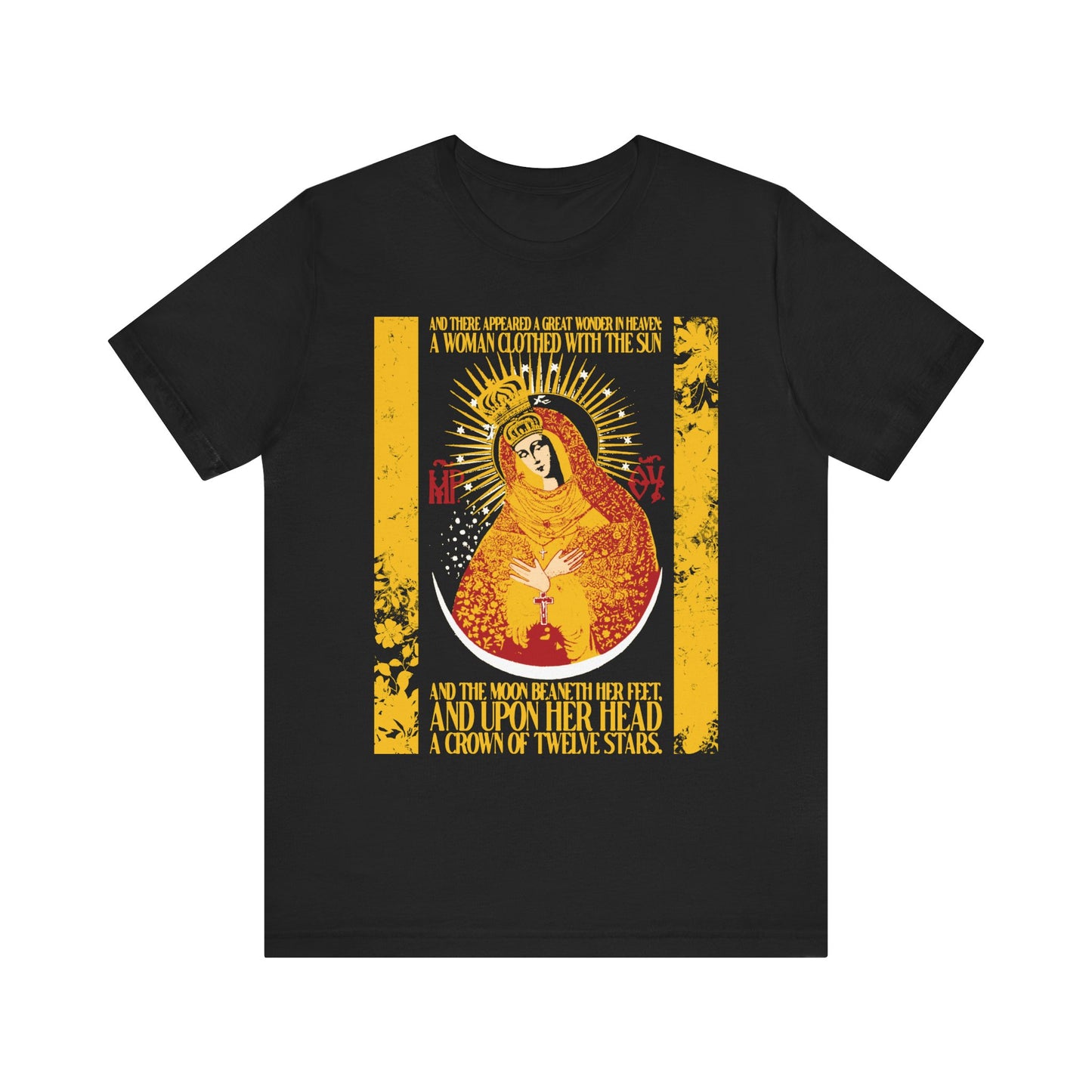 Black "Our Lady the Gate of Dawn" t-shirt featuring the crowned Theotokos with gold floral texture, radiant golden rays, and decorative text. Lightweight cotton unisex design.