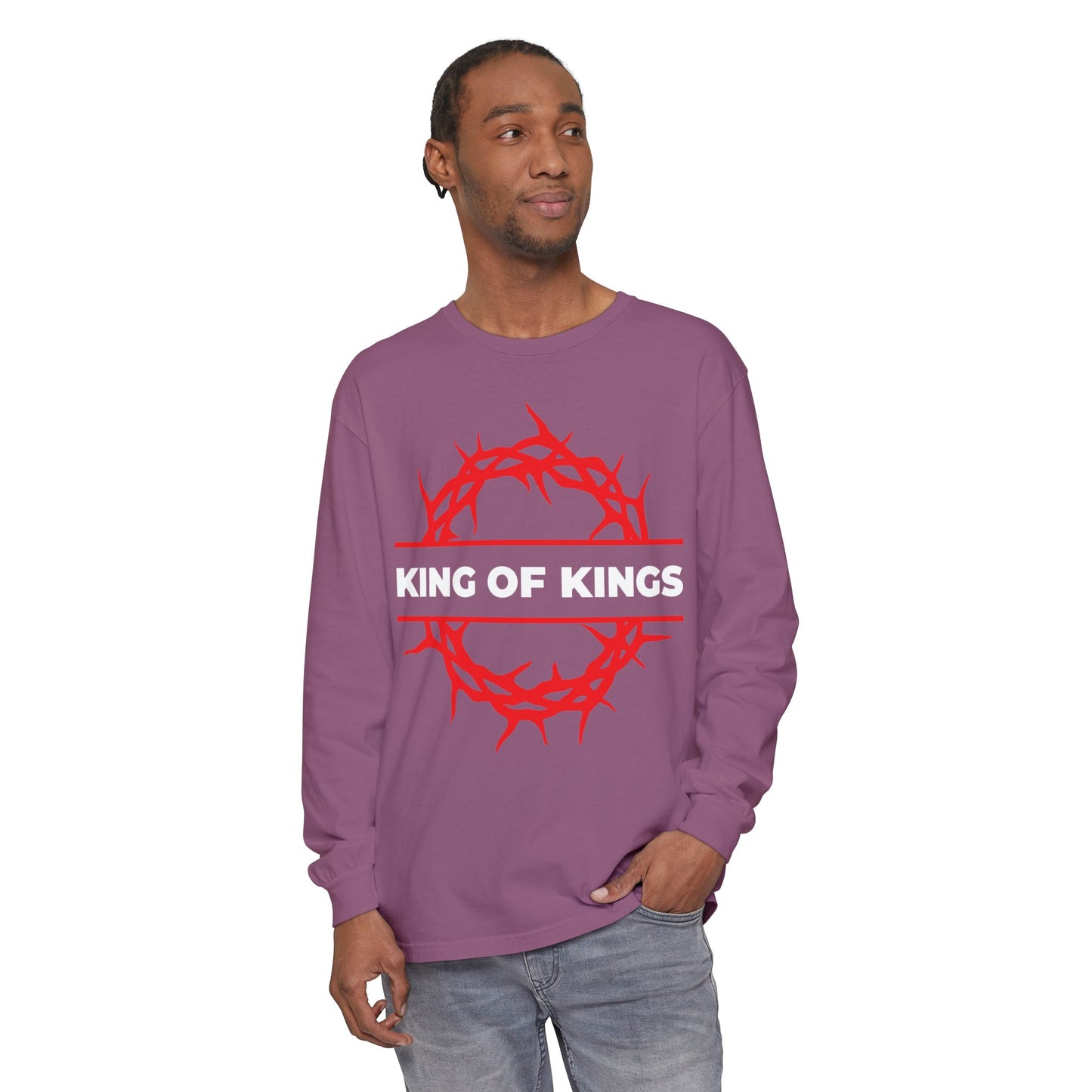 Man wearing the "King of Kings Crown of Thorns | The King of Glory | Christ is King | Revelation 19:16" Christian long sleeve cotton shirt, featuring a red crown of thorns design, inspired by Revelation 19:16.