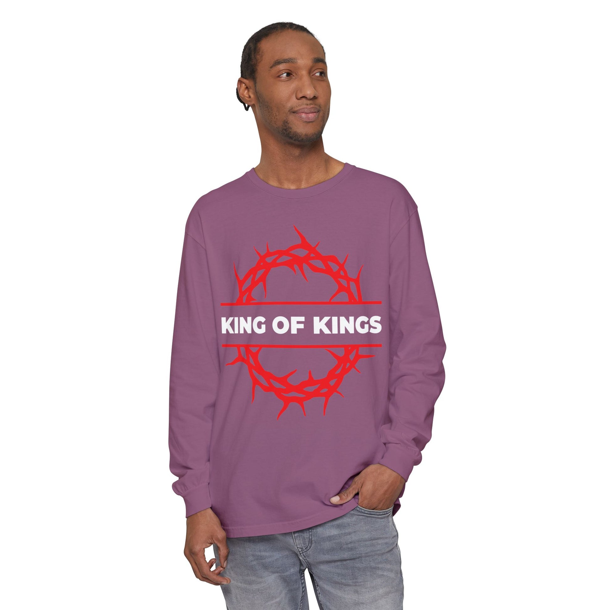 Man wearing the "King of Kings Crown of Thorns | The King of Glory | Christ is King | Revelation 19:16" Christian long sleeve cotton shirt, featuring a red crown of thorns design, inspired by Revelation 19:16.