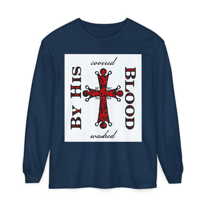 Washed/Covered By His Blood (1 John 1:7) | ICXC NIKA Ornate Red Orthodox Cross | Orthodox Christian Long Sleeve Shirt