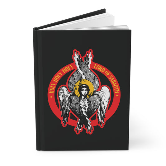 A hardcover journal titled "Holy Holy Holy, Lord of Sabaoth," inspired by Isaiah 6, featuring an Orthodox Seraphim angel iconographic cover with six wings, a gold halo, and red text reading HOLY HOLY HOLY LORD OF SABAOTH.