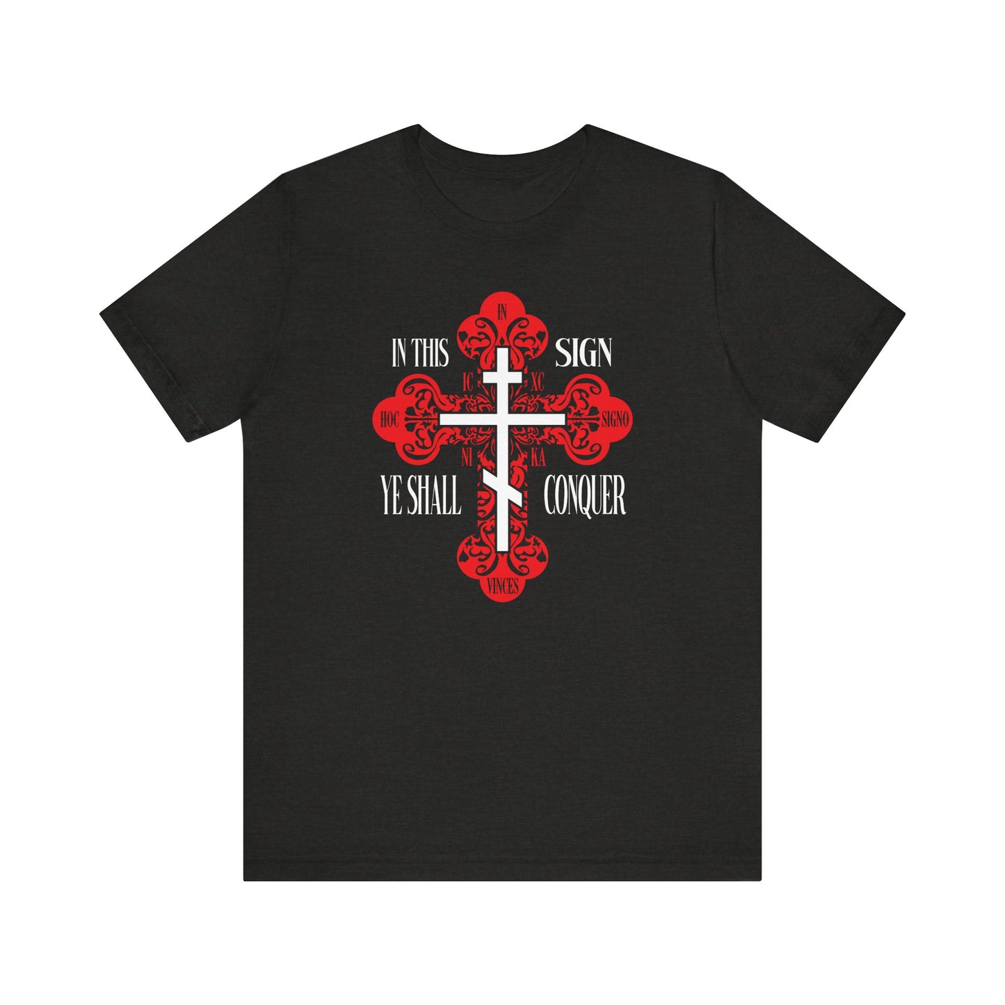 Black Heather tee with ornate red Orthodox cross and "In This Sign Ye Shall Conquer" text, inspired by the Christ Conquers (ICXC NIKA) prayer. Lightweight cotton unisex fit.