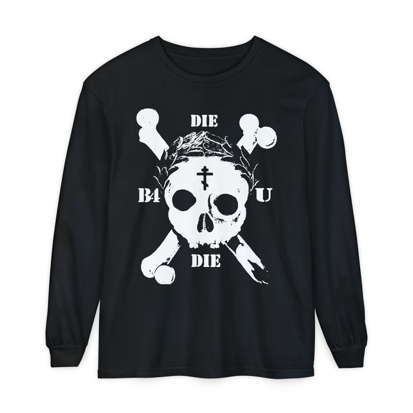 Black “Die Before You Die” long sleeve featuring a retro skull & crossbones, Orthodox cross, laurel wreath, and "Memento Mori"; inspired by Matthew 16:24-25’s call to self-denial. Color: black.