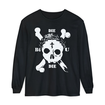 Black “Die Before You Die” long sleeve featuring a retro skull & crossbones, Orthodox cross, laurel wreath, and "Memento Mori"; inspired by Matthew 16:24-25’s call to self-denial. Color: black.