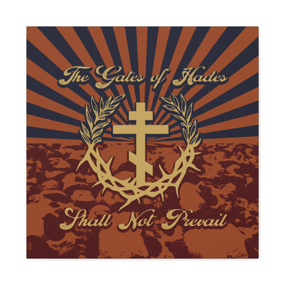 The Gates of Hades Shall Not Prevail | Cross with Wreath & Crown of Thorns | Skulls and Rays | Orthodox Christian Canvas Art