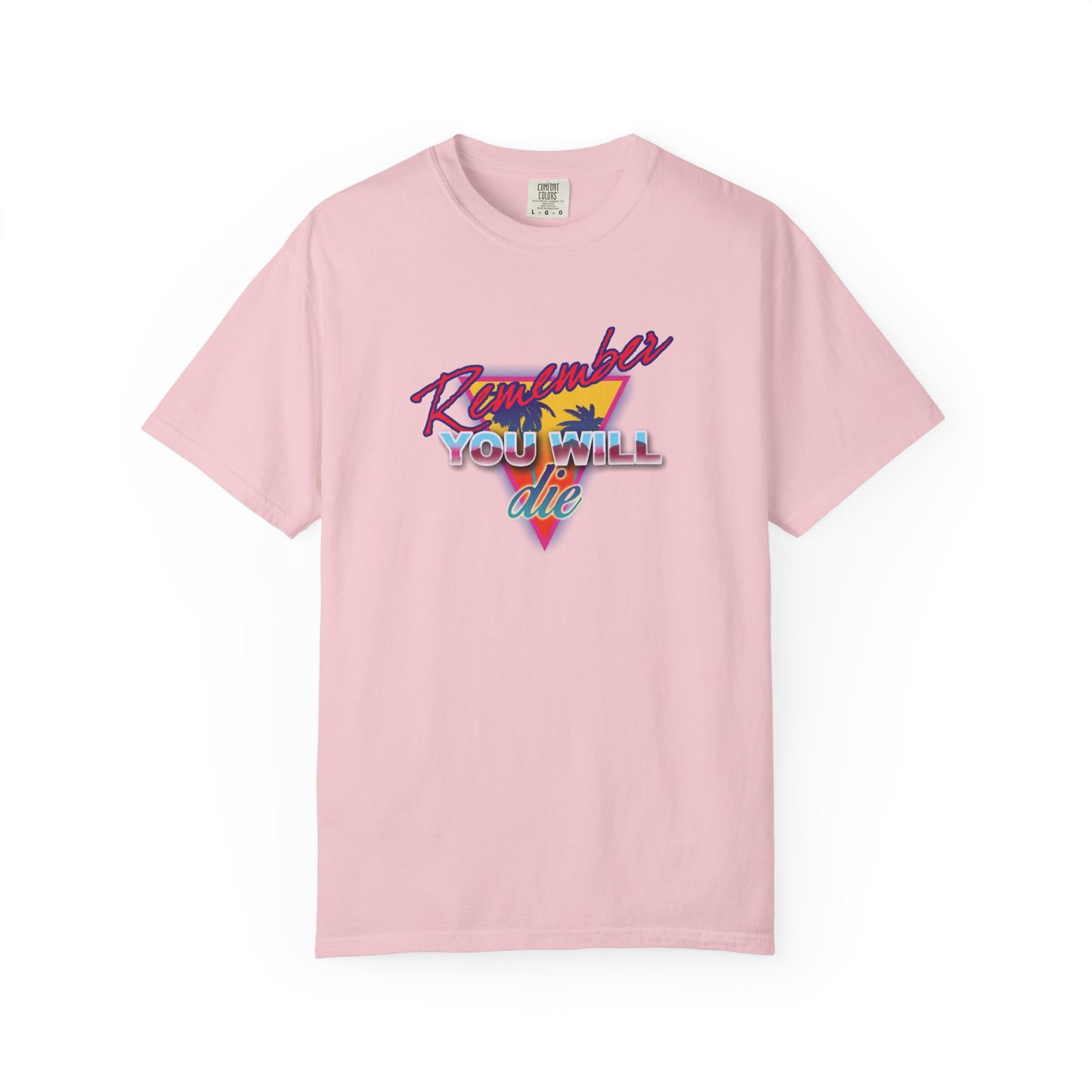 Blossom pink unisex heavyweight cotton tee featuring a palm tree and colorful "Remember You Will Die" text in 80s retro synthwave style—a memento mori inspired by The Ladder of Divine Ascent by St. John Climacus.