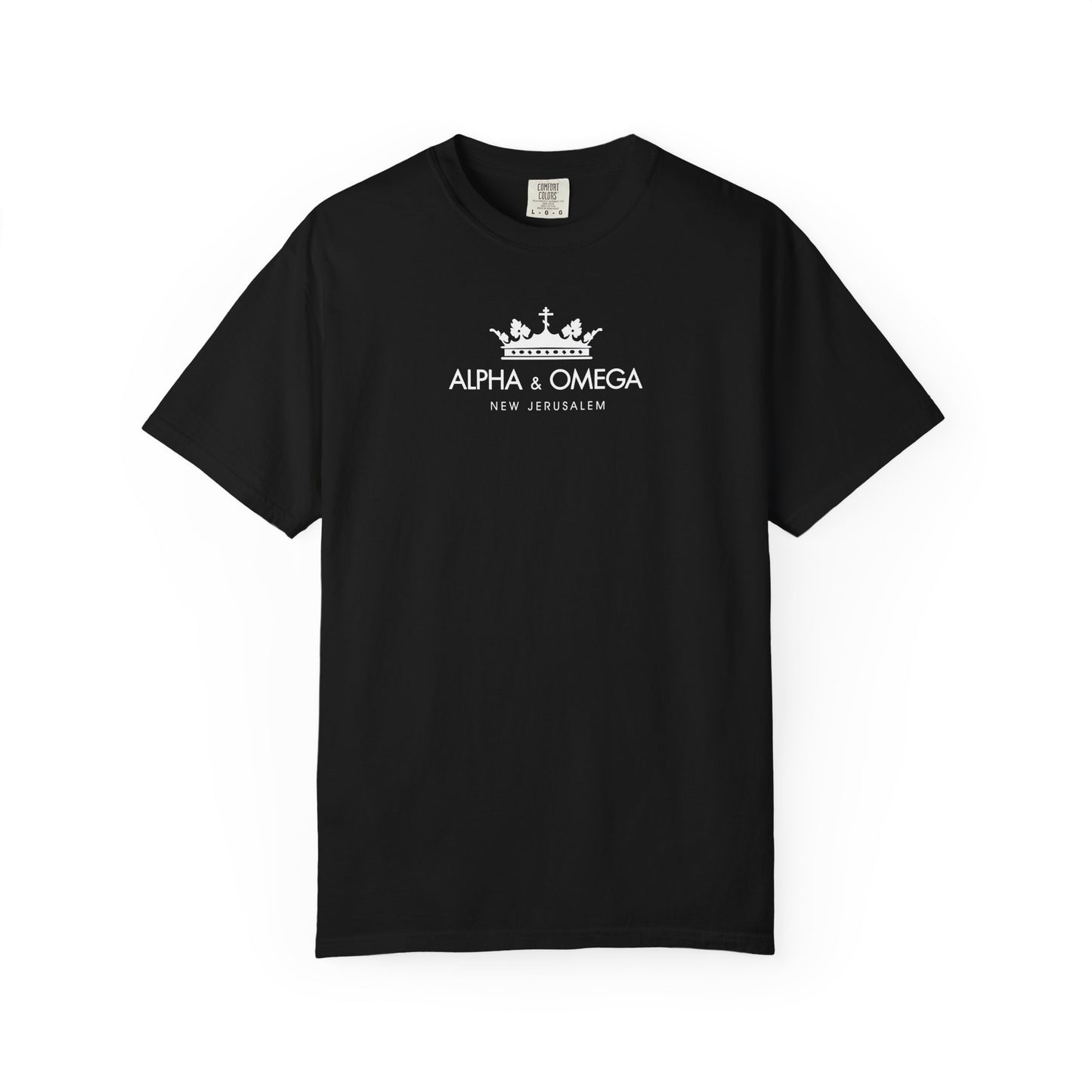 Black heavyweight cotton unisex t-shirt featuring a white crown with an Orthodox cross graphic and the text “Alpha & Omega New Jerusalem” on the chest—a design inspired by the mystical symbolism of Alpha and Omega as described in Christ the Eternal Tao, referencing Revelation and the Second Coming.
