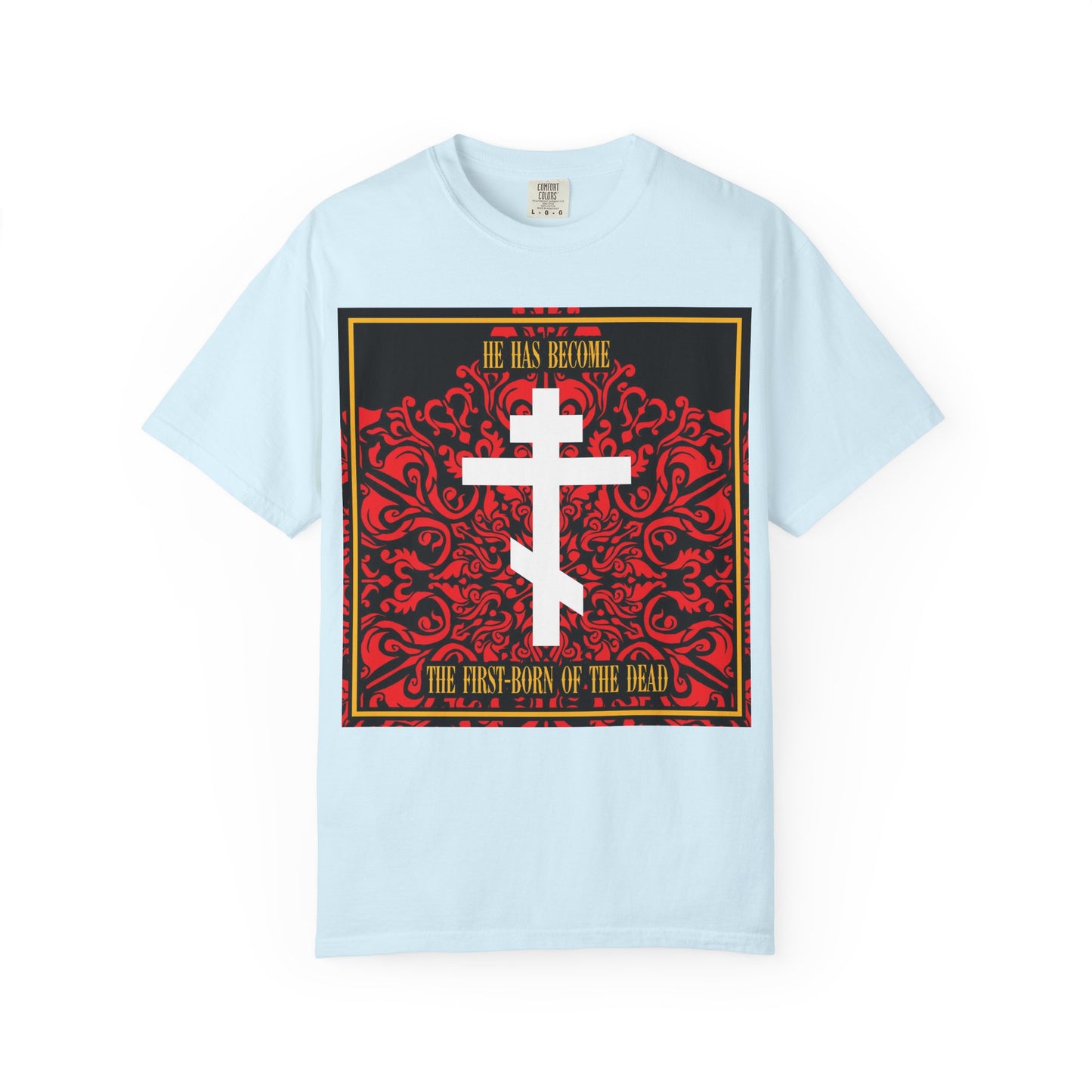 Chambray "He Has Become the First-Born of the Dead" heavyweight cotton unisex tee featuring a white Orthodox cross set on a vivid red floral texture background. This comfortable jersey shirt combines meaningful design with style and displays the phrase, "He has become the first-born of the dead.