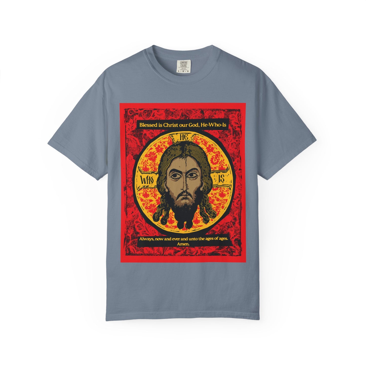 Blue Jean heavyweight cotton unisex T-shirt featuring an icon-style image of Jesus Christ (Mandylion/Image of Edessa) in Orthodox tradition, with a graphic design inspired by Christian hymn and Troparion Tone 2.