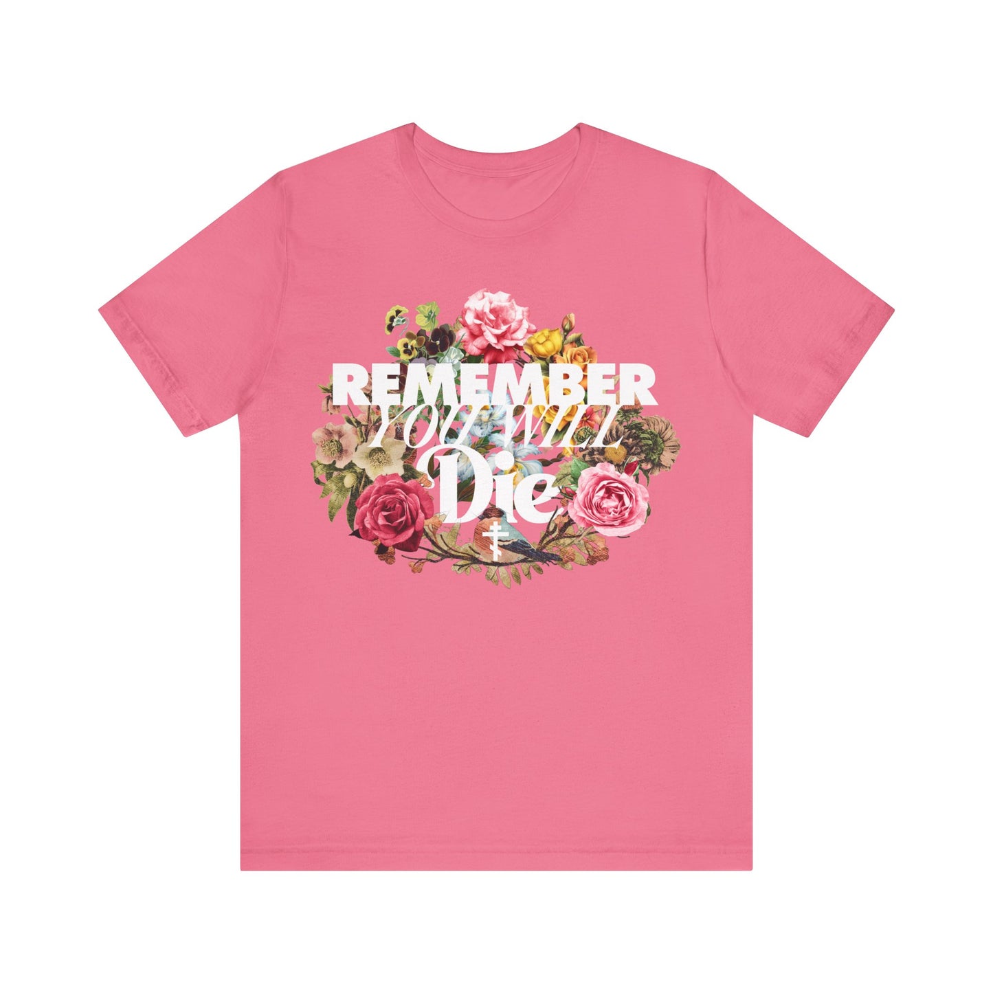 Remember You Will Die | Cross | Classic Typography & Floral Wreath Design (FRONT PRINT) | Memento Mori | Orthodox Christian Cotton T-Shirt