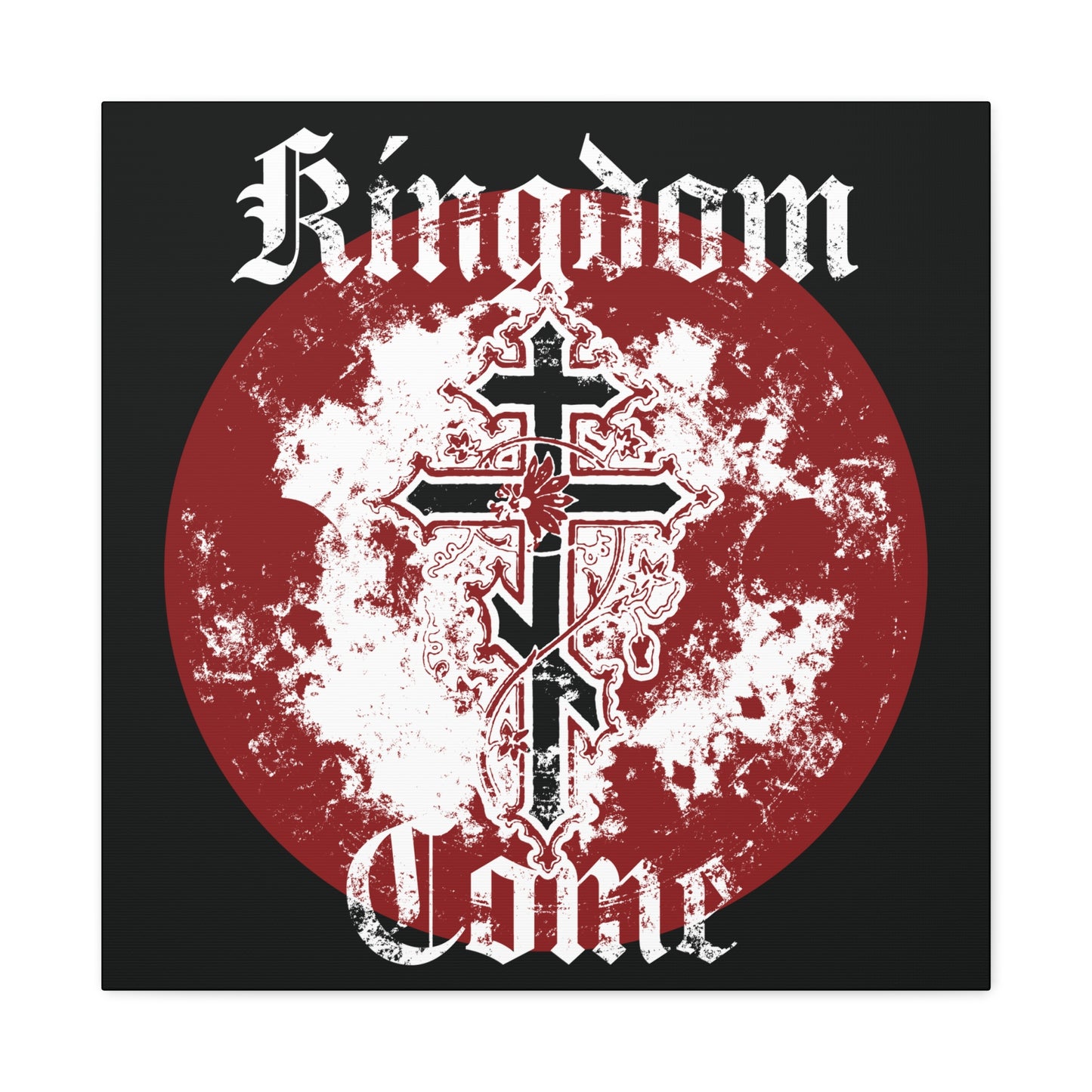 A black Orthodox cross with vine and red outline over a distressed red circle, featuring "Thy Kingdom Come" in textured gothic font—Orthodox Christian canvas art inspired by the Lord's Prayer.