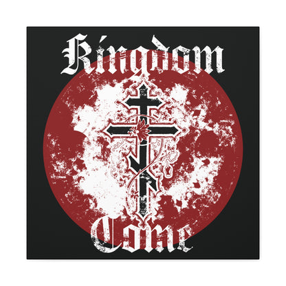 A black Orthodox cross with vine and red outline over a distressed red circle, featuring "Thy Kingdom Come" in textured gothic font—Orthodox Christian canvas art inspired by the Lord's Prayer.