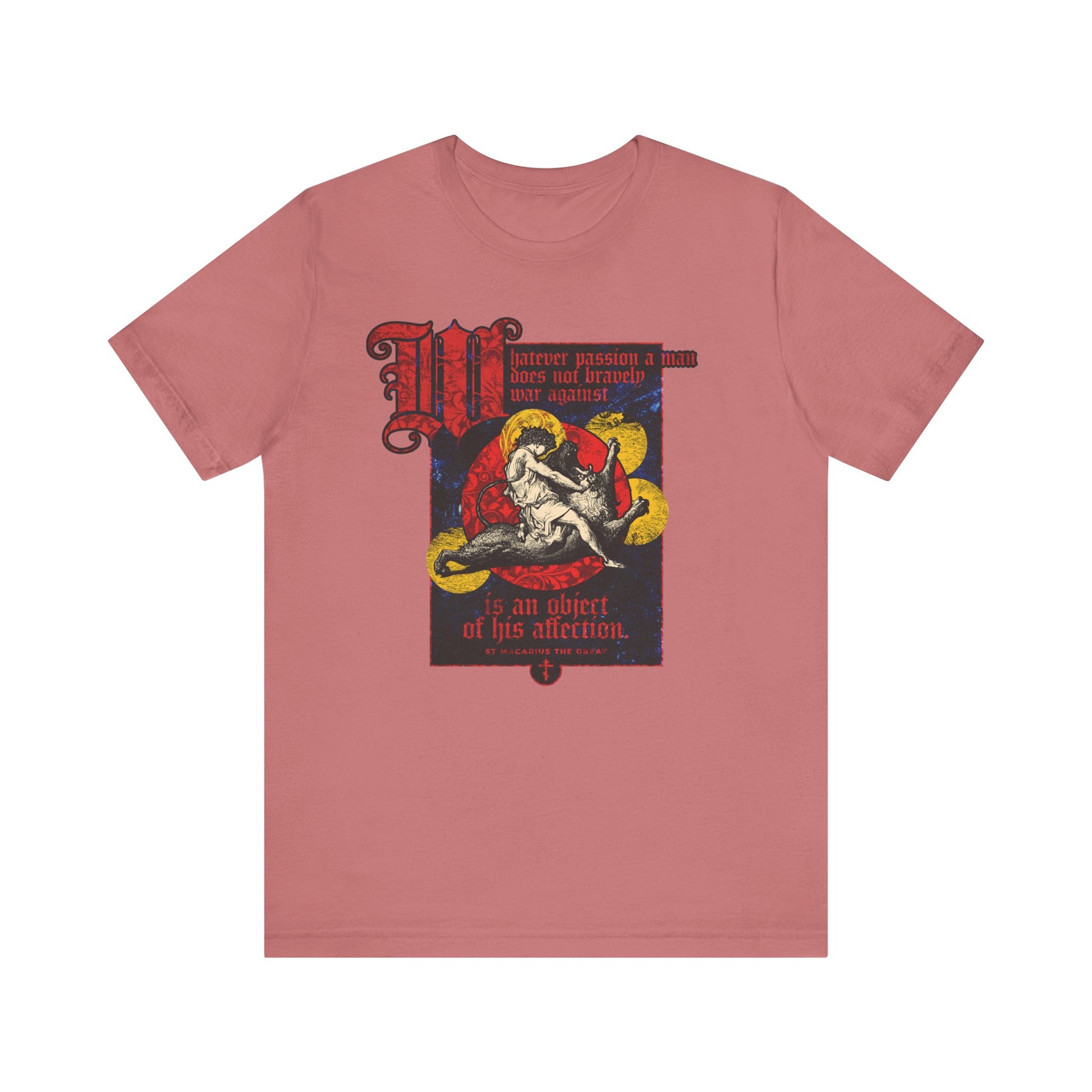 Mauve unisex cotton T-shirt featuring Gustav Doré’s “Samson Slaying Lion” and St. Macarius quote: “Whatever passion a man does not bravely war against.” Lightweight and vintage-inspired.