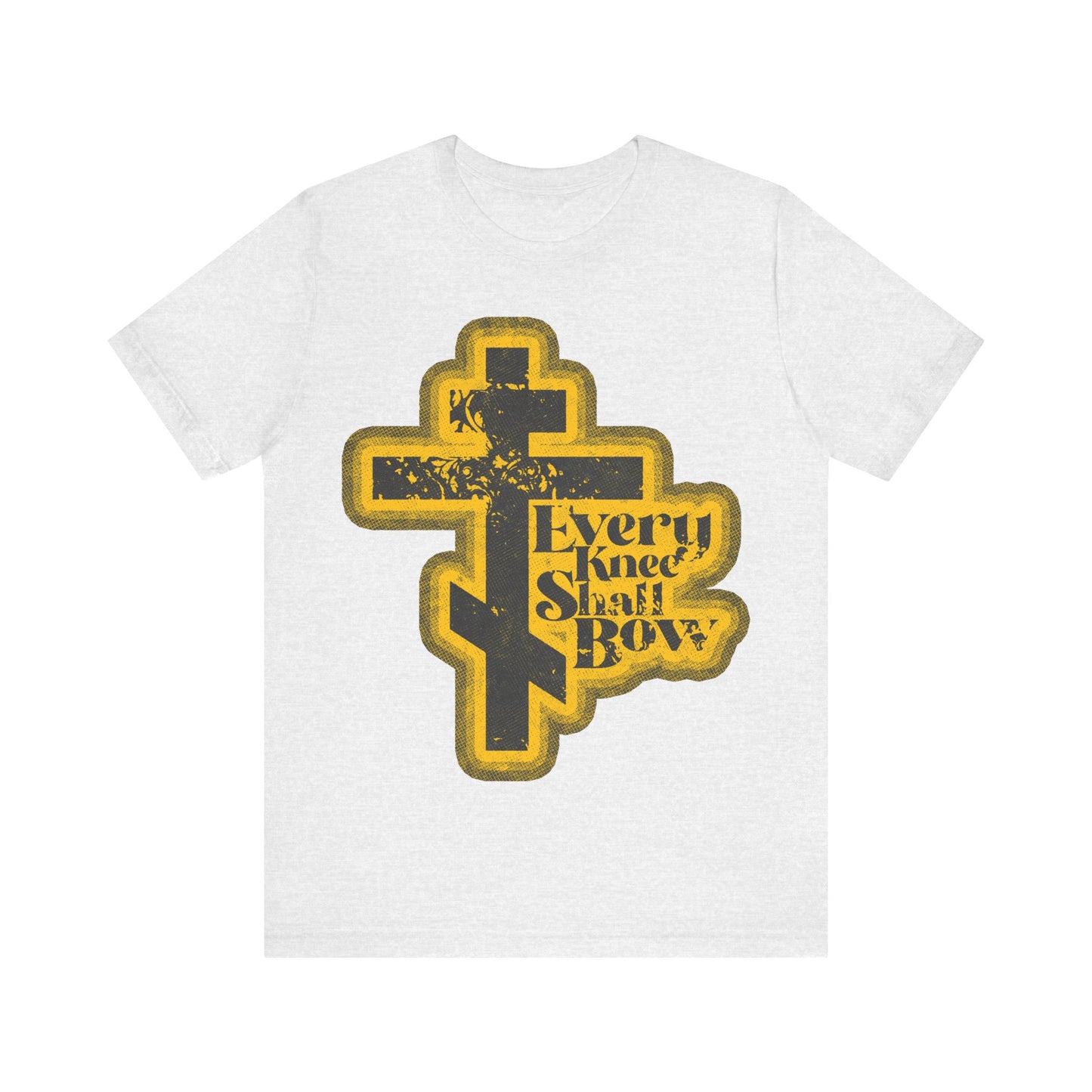 Ash t-shirt featuring a 70s distressed halftone comic book style with "Every Knee Shall Bow," referencing Philippians 2:10-11 & Isaiah 45:23. Orthodox Christian design declares the glory of Jesus Christ.