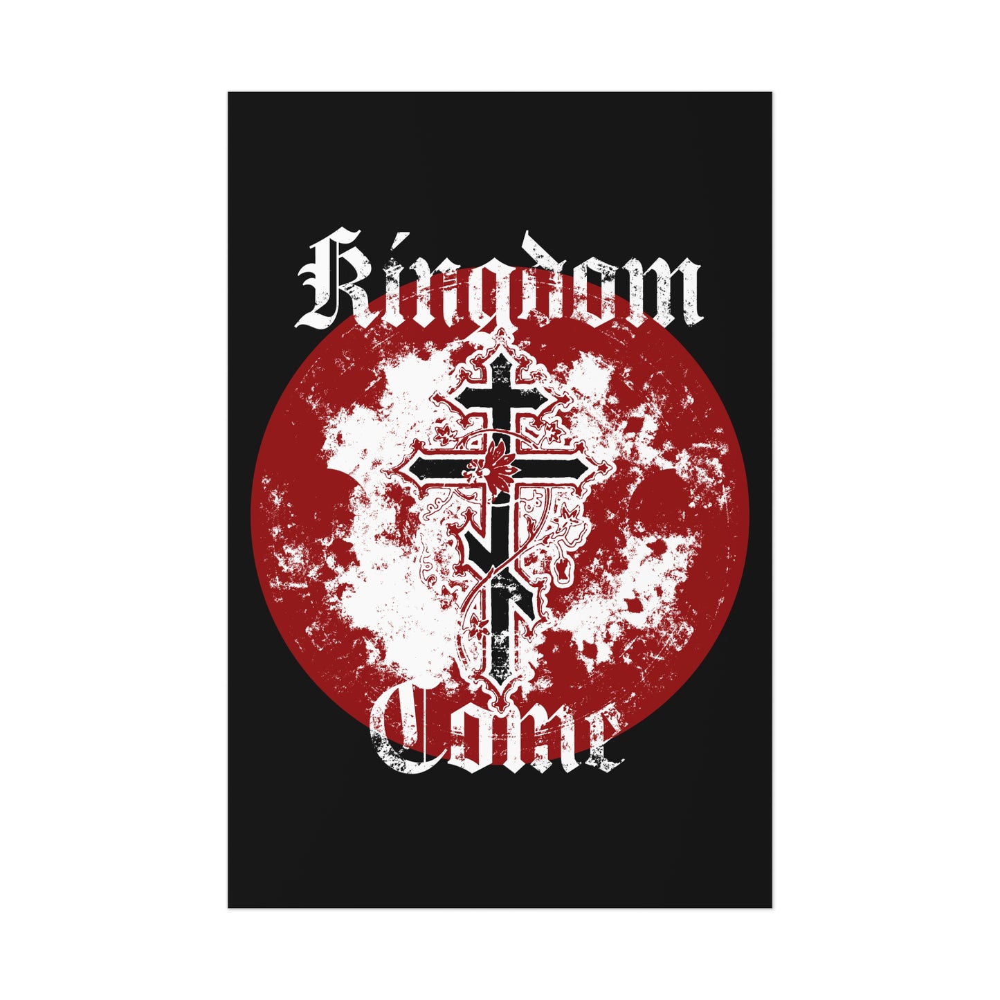 Kingdom Come | Lord's Prayer Orthodox Cross with vine art and textured gothic font on black—Orthodox Christian Art Poster.