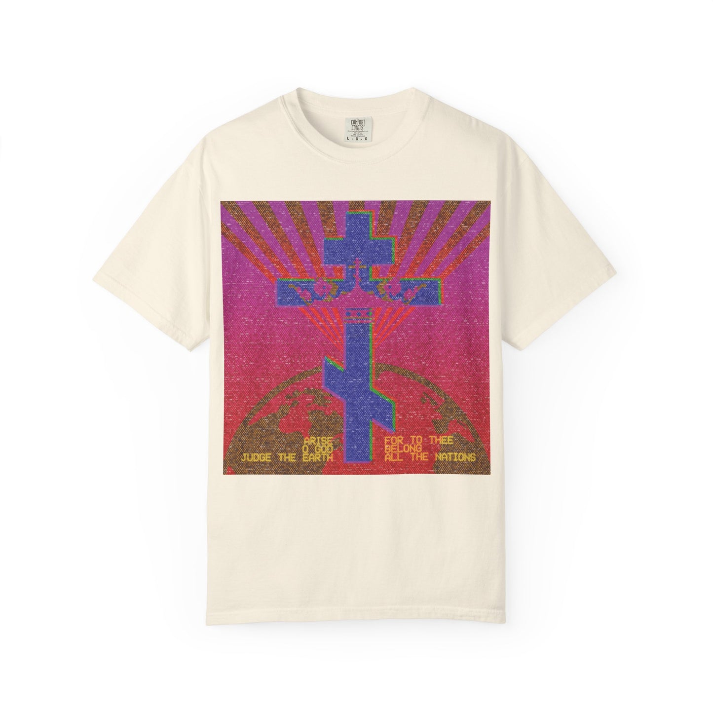Ivory T-shirt titled “Arise, O God, Judge the Earth (Psalm 81)” featuring a vibrant 80s retro VCR and pixel computer monitor design inspired by Orthodox Christianity, with elegant gold text referencing Psalm 81 and the divine council at the bottom.