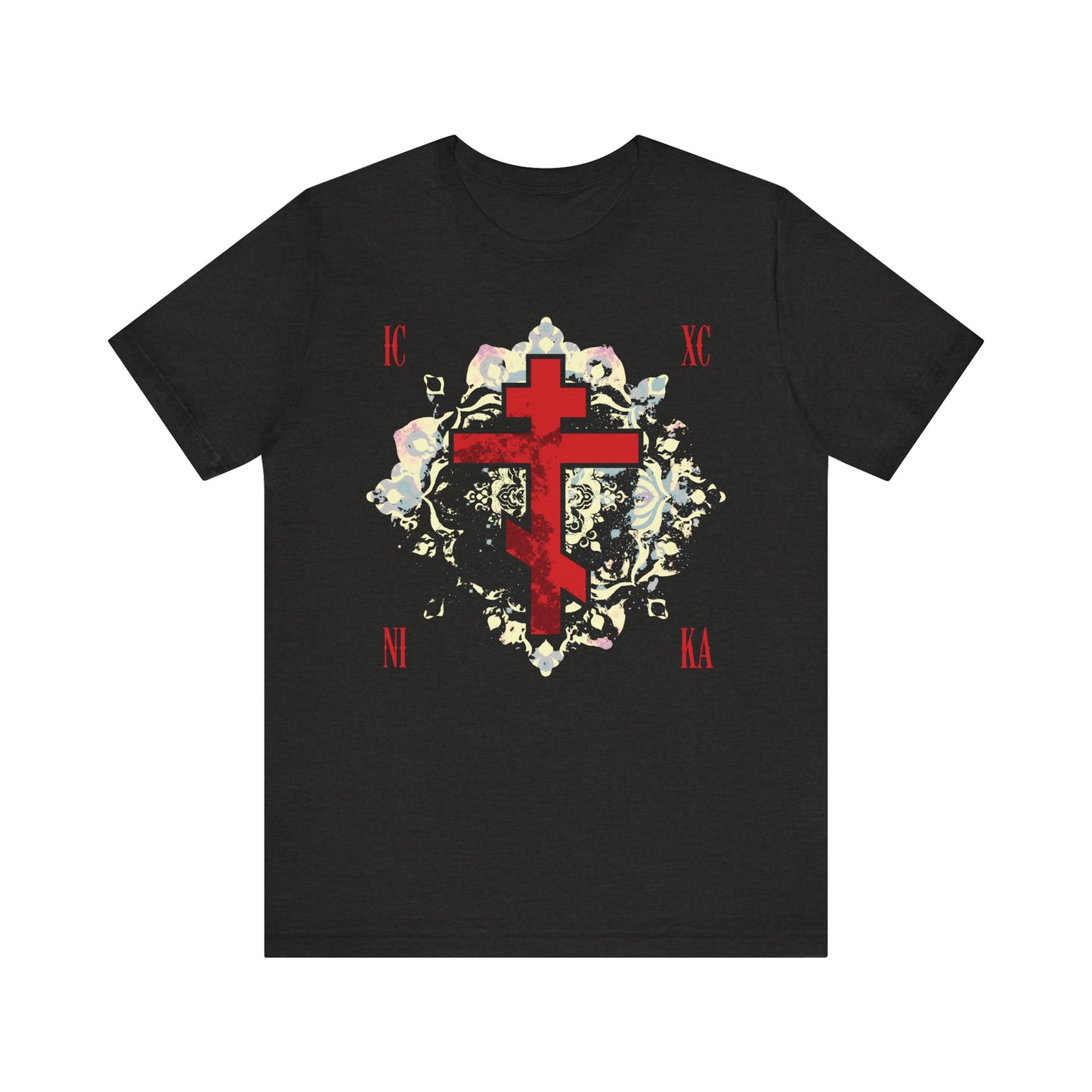 Black Heather unisex tee with textured red Orthodox cross, medieval floral background, and “ICXC NIKA”—Jesus Christ Conquers—symbolizing spiritual victory. Lightweight cotton inspired by St John of Kronstadt.
