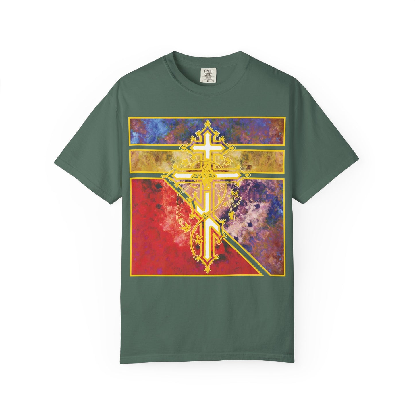 Blue Spruce t-shirt featuring an ornate Orthodox cross with vine details and a textured geometric pattern on the front, inspired by the Prayer to the Venerable Cross—reminding us that wherever the life-giving Cross appears, demons perish. Crafted from heavyweight cotton for a unisex fit.