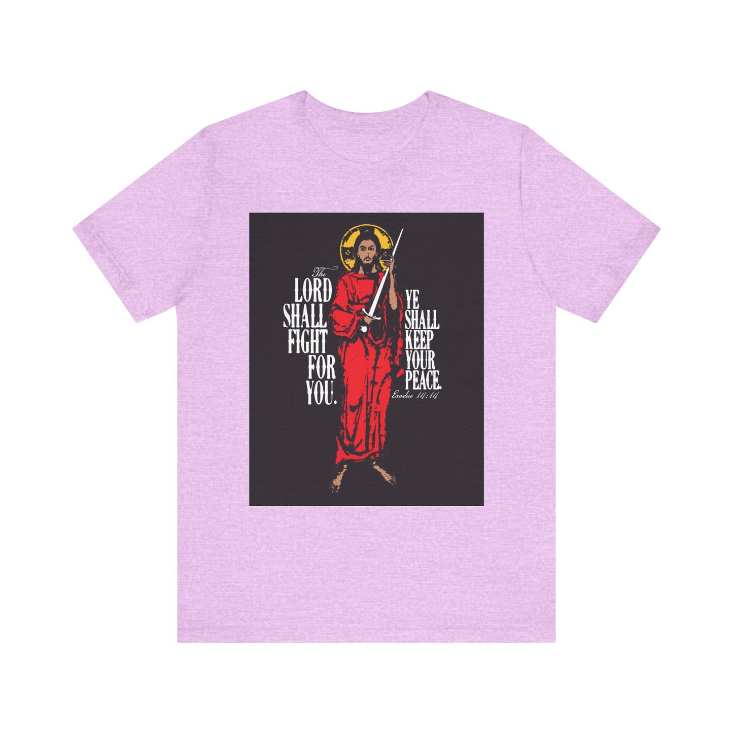Heather Prism Lilac unisex tee featuring a graphic of Jesus Christ with a sword and biblical text: "The Lord Shall Fight For You" (Exodus 14:14) on the front. Lightweight cotton, inspired by salvation in Exodus.
