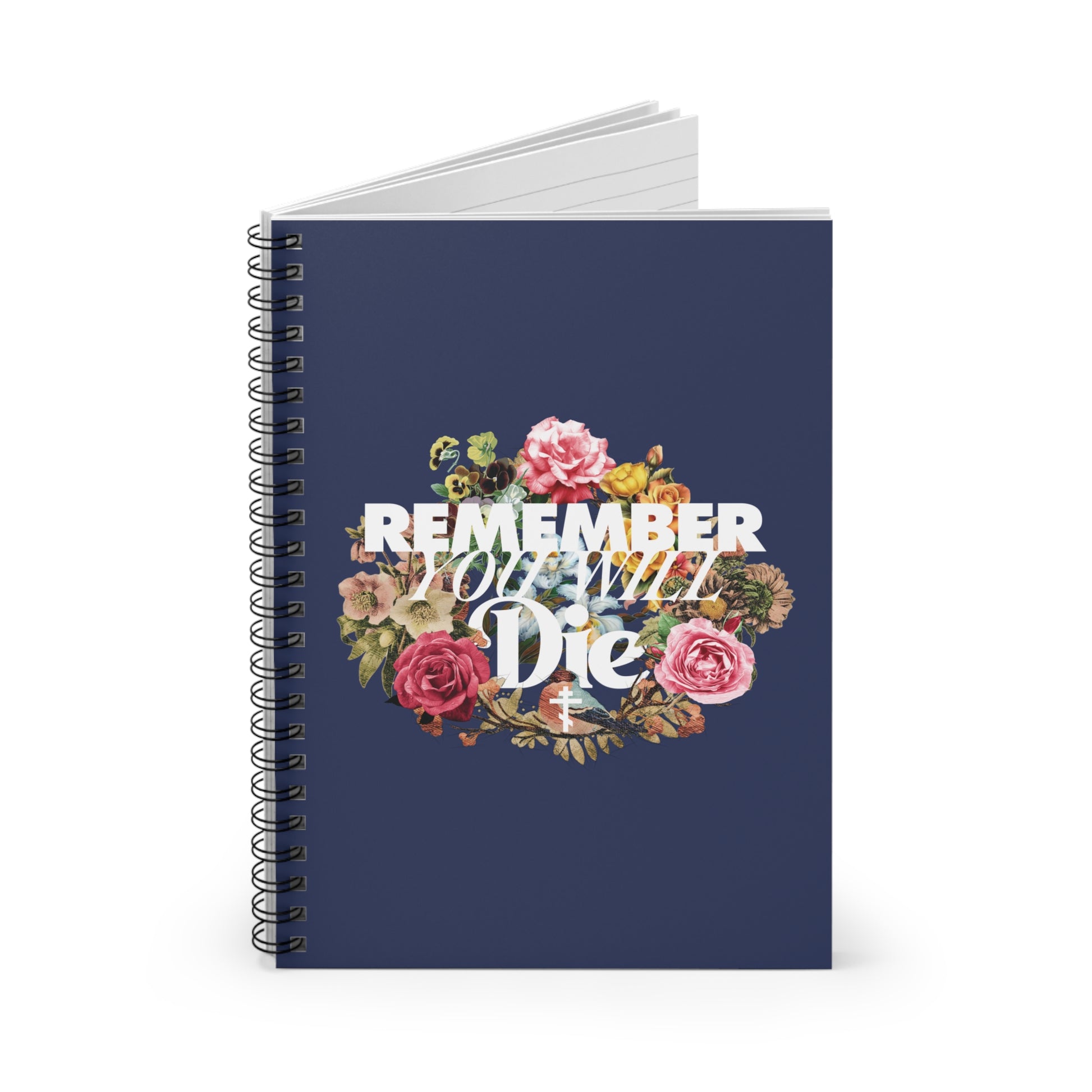 The "Remember You Will Die | Cross" spiral notebook features classic typography and a floral wreath design—a memento mori Christian notebook inspired by reflections on eternal salvation.