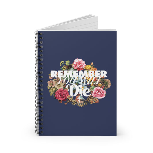 The "Remember You Will Die | Cross" spiral notebook features classic typography and a floral wreath design—a memento mori Christian notebook inspired by reflections on eternal salvation.