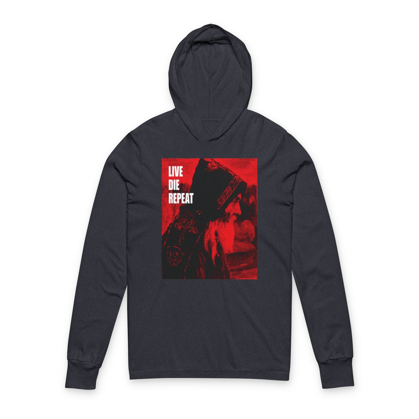 Heather navy hoodie featuring "Live Die Repeat" text, inspired by Mikhail Nesterov's "Monk" artwork. This Orthodox cotton shirt embodies ascetic Christianity with the phrase: Die Every Day, and You Will Live Forever.