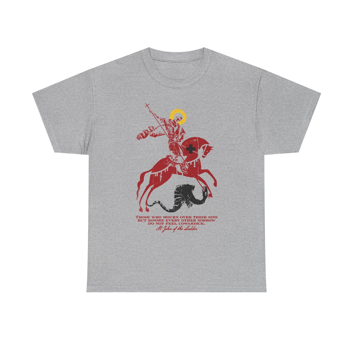 Sport Grey unisex midweight cotton tee featuring an IconoGraphic of St. George, the knight with a halo, on horseback slaying a dragon, inspired by St. John Climacus and Orthodox Christian tradition, with bold red text beneath the design—portraying the steadfast spirit of those who mourn over their sins and stand firm in righteousness.