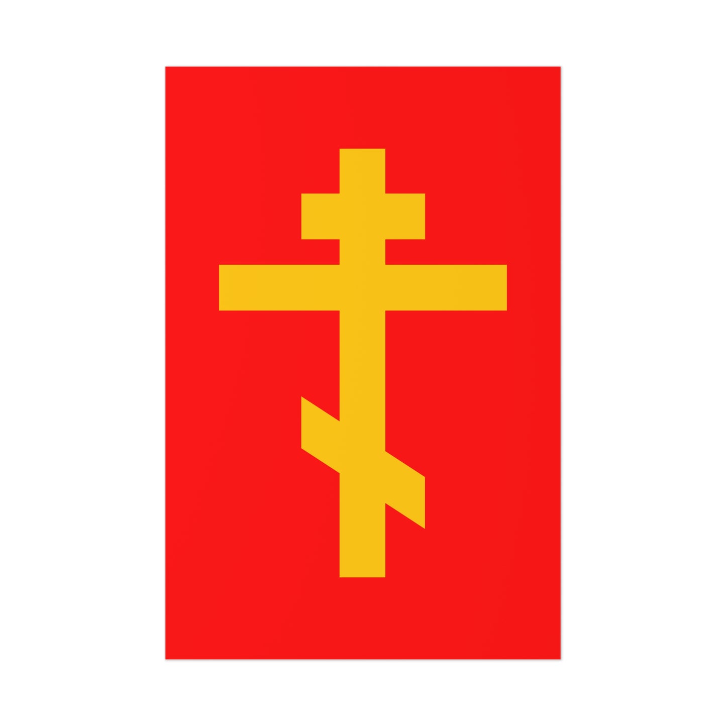 The Yellow Orthodox Cross Red Background poster features a yellow cross on red, symbolizing being crucified with Christ—echoing Galatians 2:20—as a precious, life-giving weapon of unseen warfare and a scourge of demons.