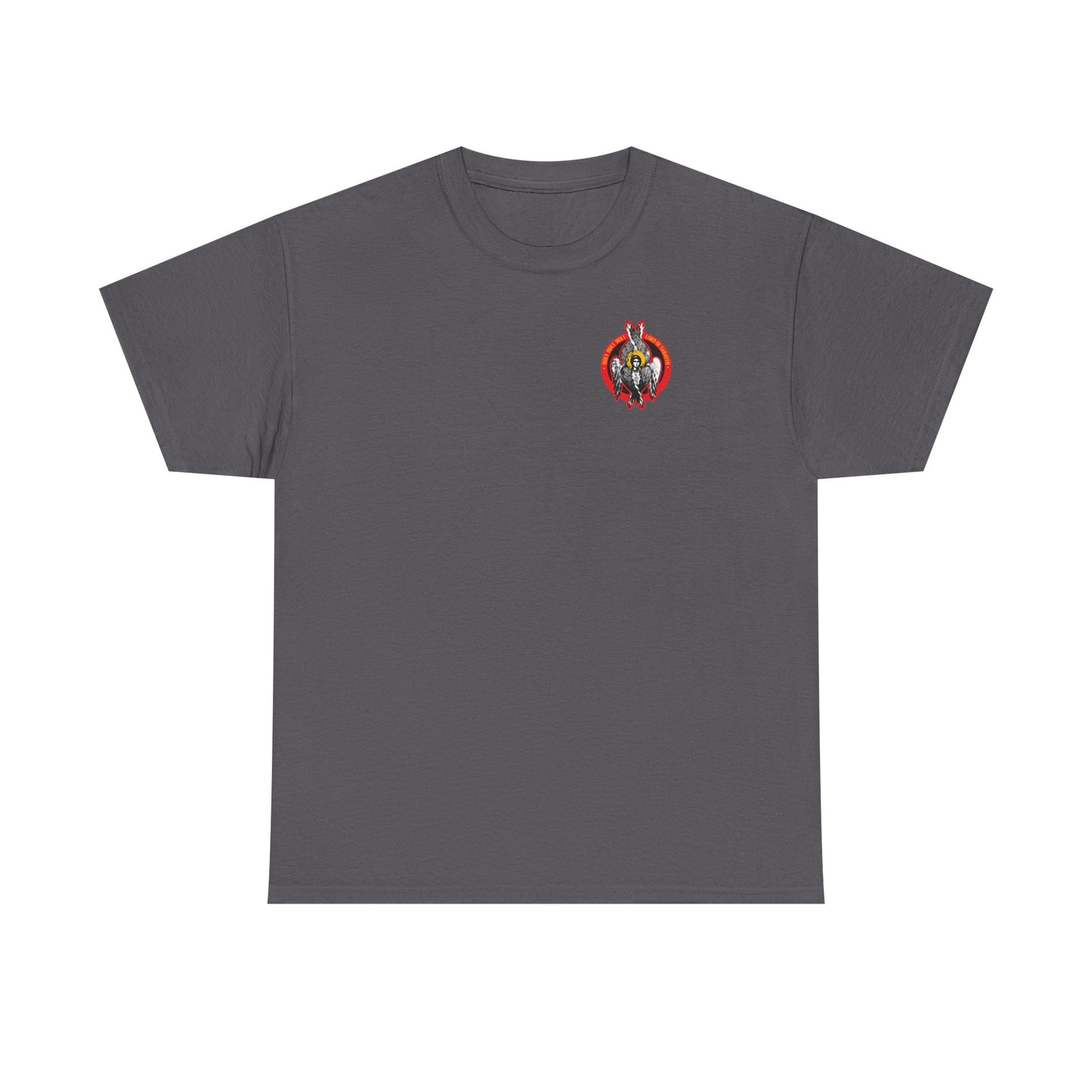Charcoal unisex midweight cotton t-shirt featuring a small, colorful Seraphim angel icono-graphic on the left chest—part of the "Holy Holy Holy Heavenly Hosts of God" collection.