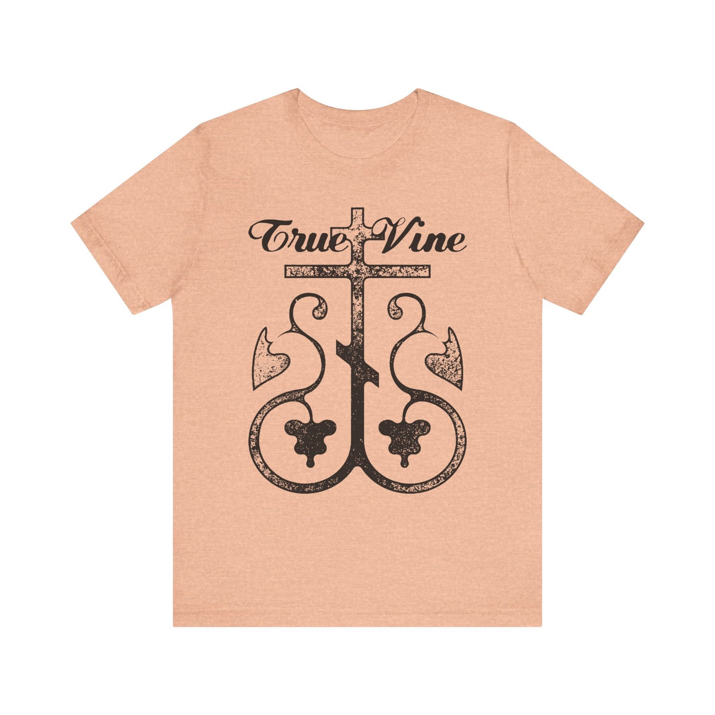 Heather Peach unisex cotton t-shirt featuring a photocopy-style Orthodox cross with grape vine design, inspired by John 15 and Ezekiel 15. "I Am the True Vine" text on front. Lightweight and comfortable.