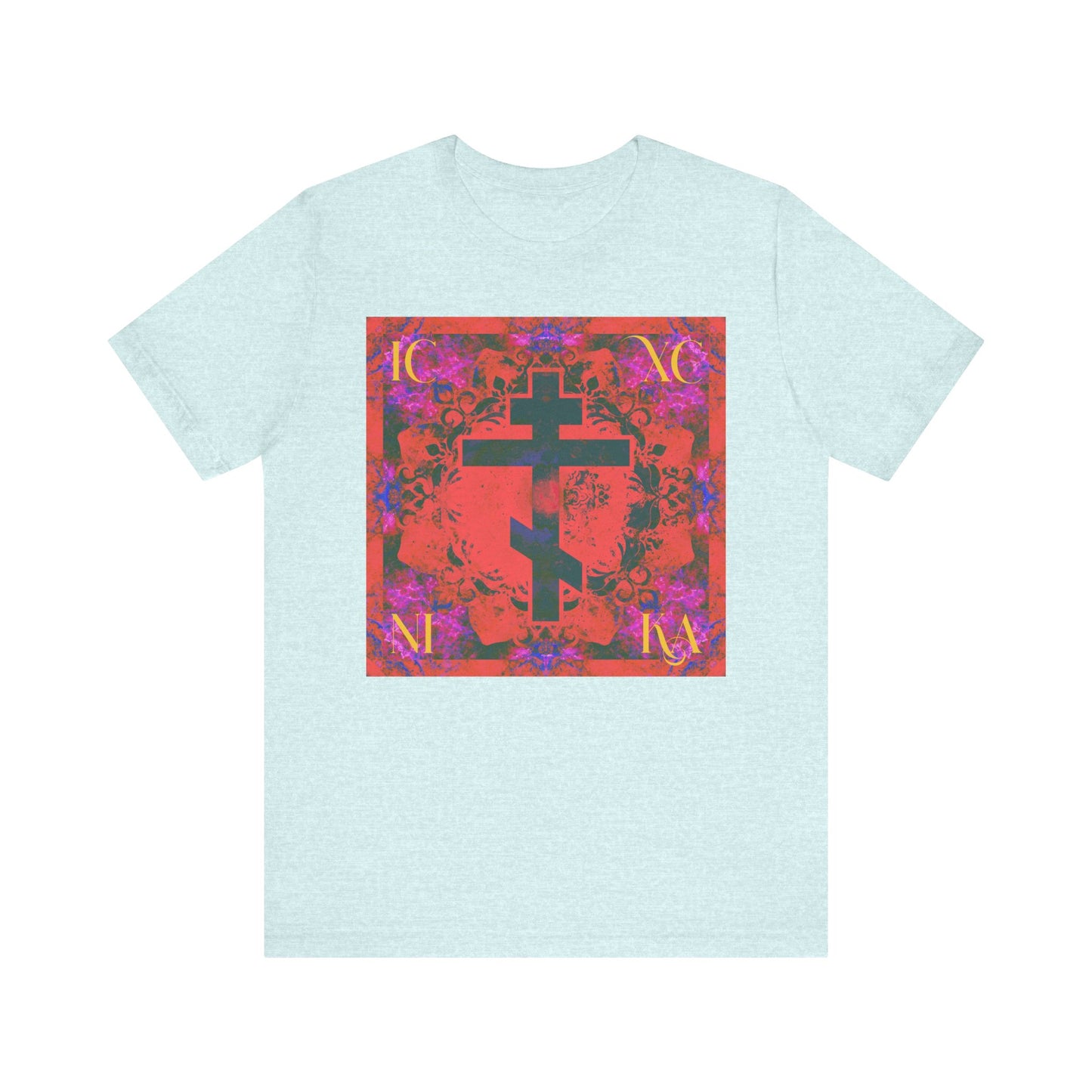Heather Prism Ice Blue unisex lightweight cotton tee featuring a colorful orange and magenta Orthodox cross in the center, inspired by St. John of Kronstadt and reflecting on the Saviour's sufferings.