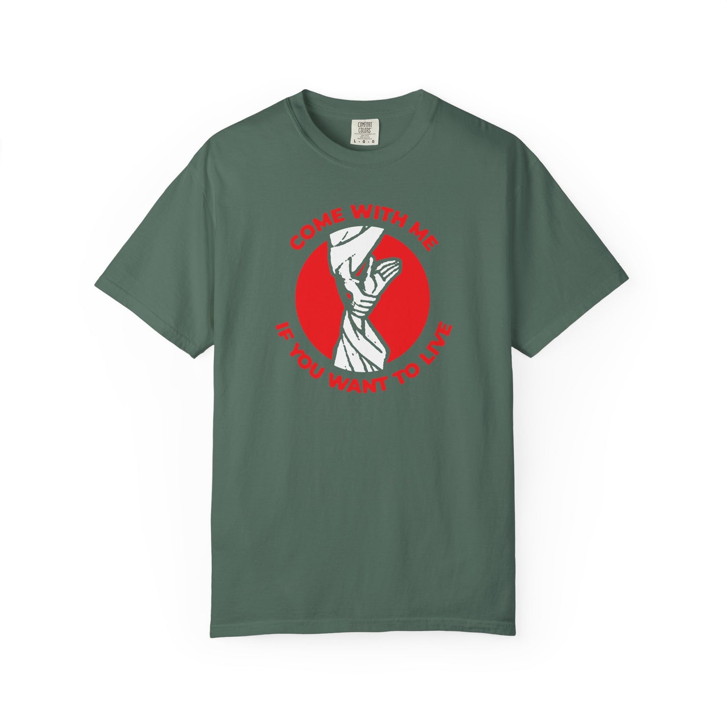 Blue Spruce T-shirt featuring a red circle, white illustration of Jesus’s hand pulling Adam out of Hades, and the text: COME WITH ME IF YOU WANT TO LIVE.