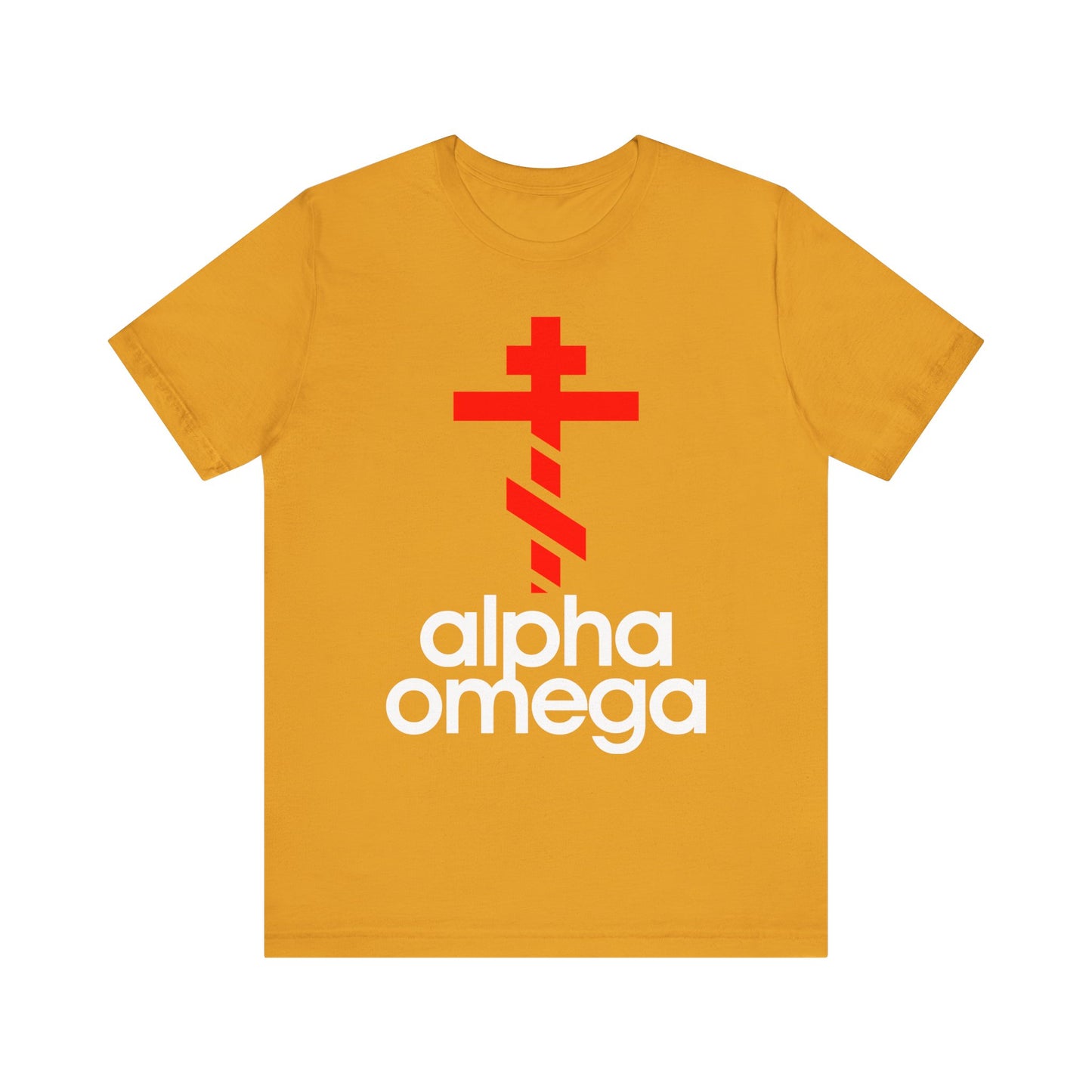 Mustard Alpha & Omega Red Orthodox Cross Unisex Tee features a large minimalist Adidas-inspired logo mashup—ideal for showcasing Christian themes in a lightweight cotton design.