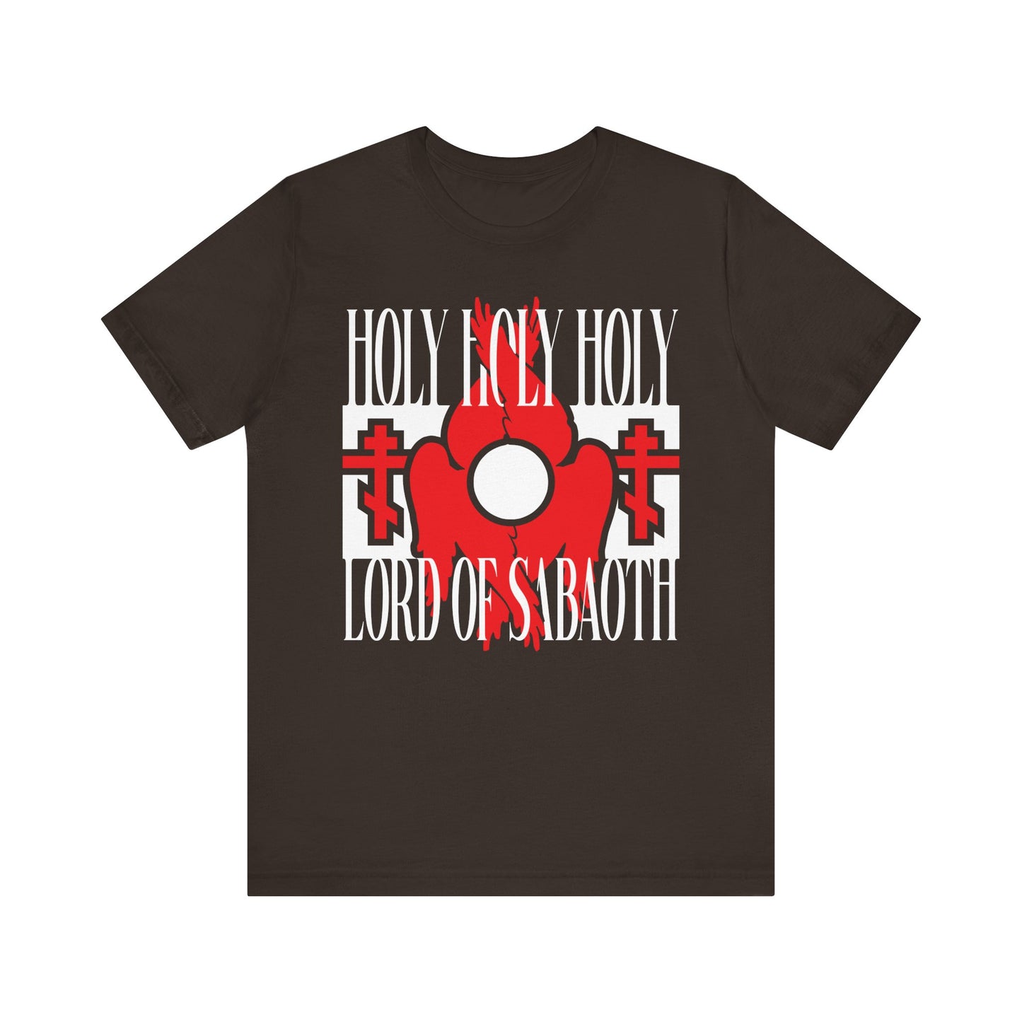 Brown cotton tee featuring red seraphim wings, Orthodox crosses, and “Holy Holy Holy Lord of Sabaoth” (Isaiah 6:3)—a Christian unisex shirt inspired by the Divine Liturgy, symbolizing celestial presence and divine knowledge.