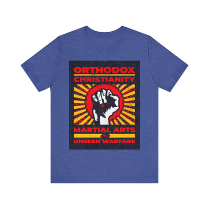 Orthodox Christianity: Martial Arts for Unseen Warfare | NIKA Jesus Fist on Colorful Sunburst Design | Orthodox Christian T-Shirt