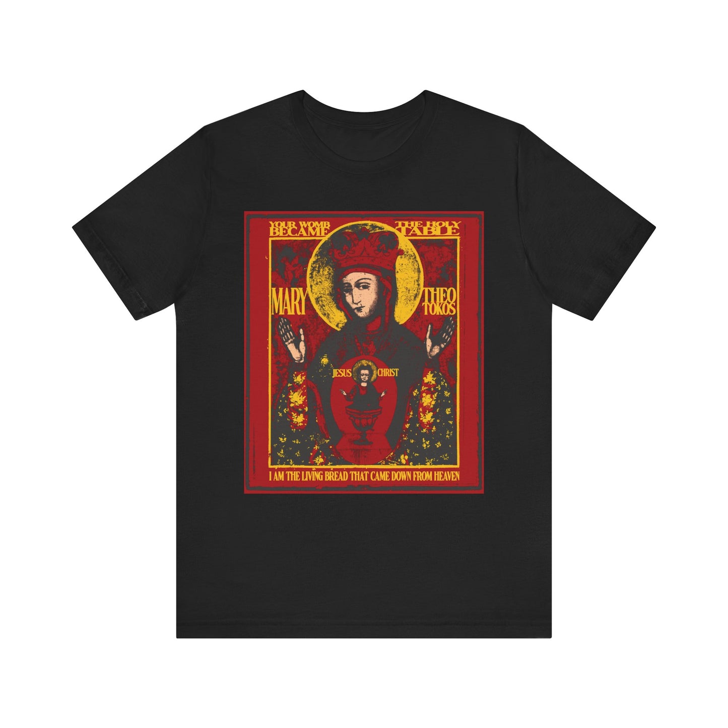 Black unisex tee featuring the Ancient Iconographic "Mother of God of Nicaea Christ In Chalice" design, with vivid red and gold accents; lightweight cotton Orthodox shirt.