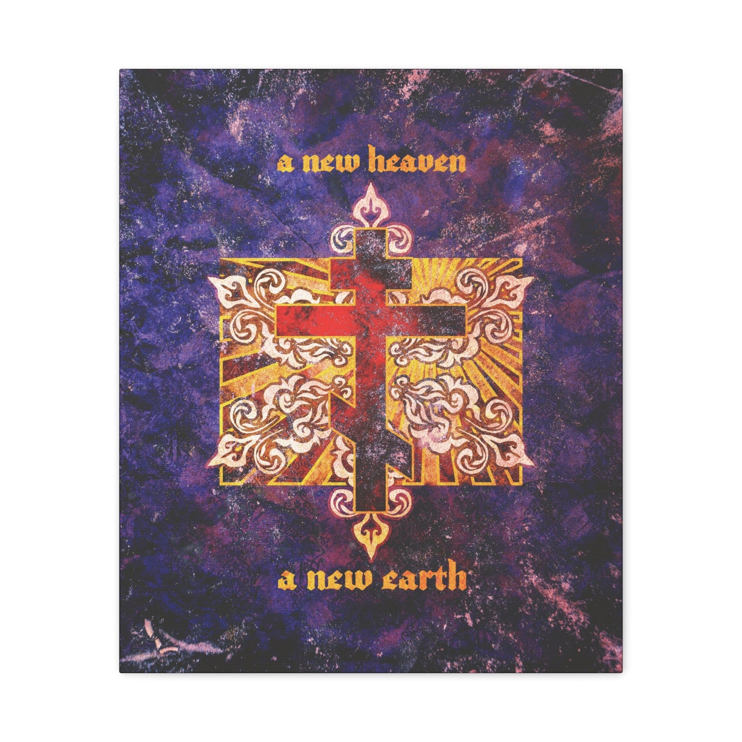 A New Heaven/A New Earth | Red Orthodox Cross on Textured Ornate Background | Christian Canvas Art