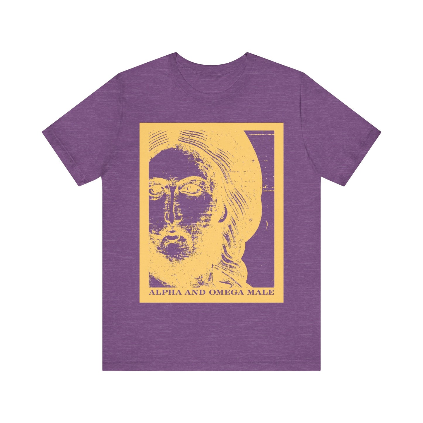 Heather Team Purple unisex tee featuring a photonegative Jesus Christ face, "Alpha & Omega Male" graphic, and "I am the Beginning & the End (Rev 22)", inspired by Orthodox Christian faith.