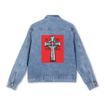 Medium denim wash jean jacket featuring the ICXC NIKA Celtic Knotwork Cross in black and white on a vibrant red background—a tribute to Orthodox tradition and the preaching of Christ’s victory.