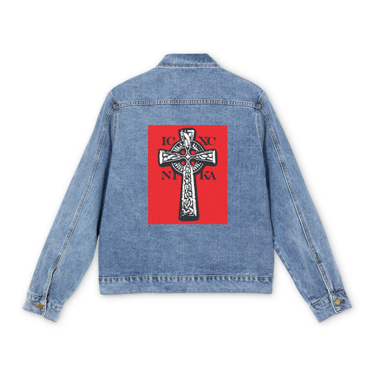 Medium denim wash jean jacket featuring the ICXC NIKA Celtic Knotwork Cross in black and white on a vibrant red background—a tribute to Orthodox tradition and the preaching of Christ’s victory.