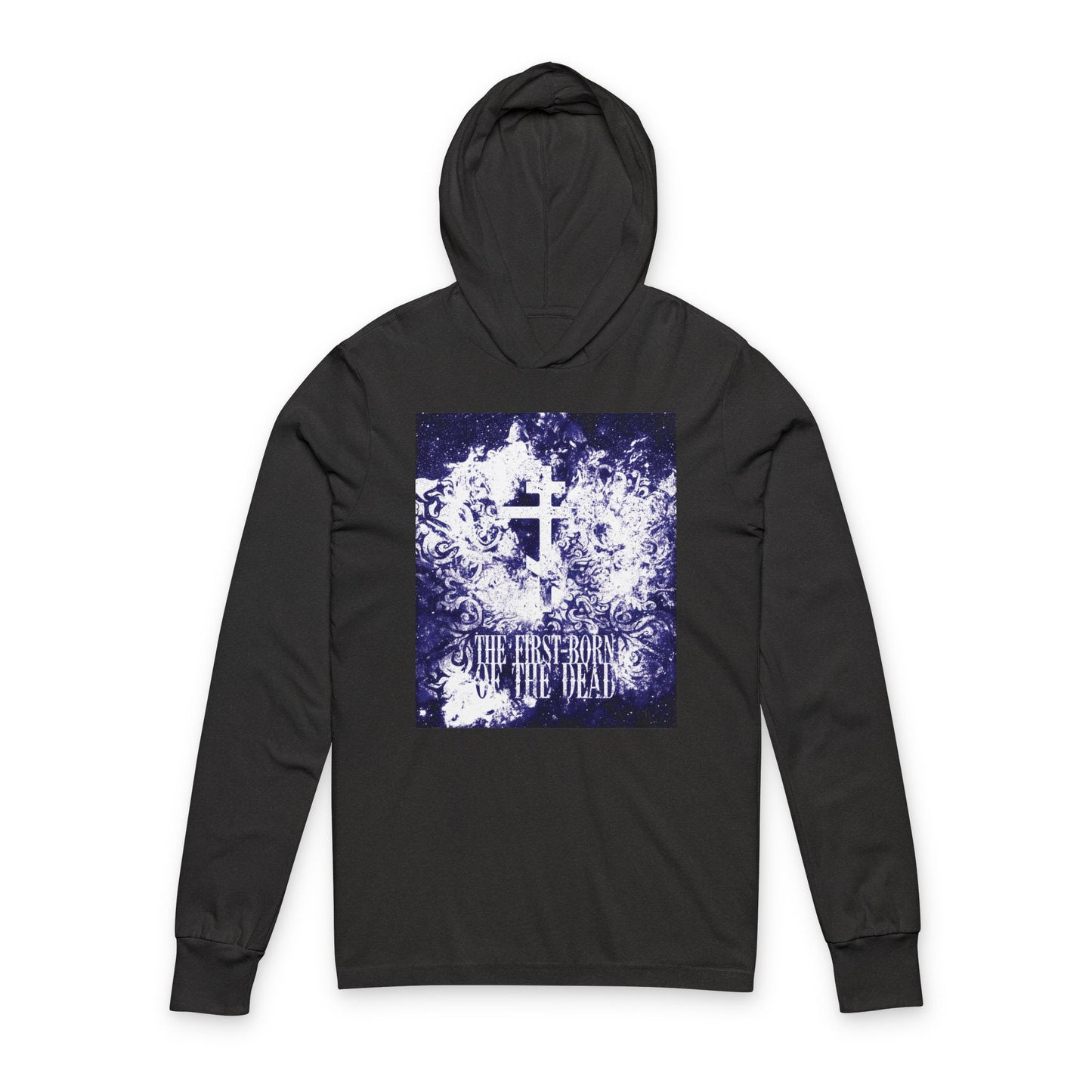 Charcoal Black TriBlend hoodie featuring glowing white and blue textured cosmic Orthodox cross, with "The First-Born of the Dead" text—referencing Christ’s resurrection.