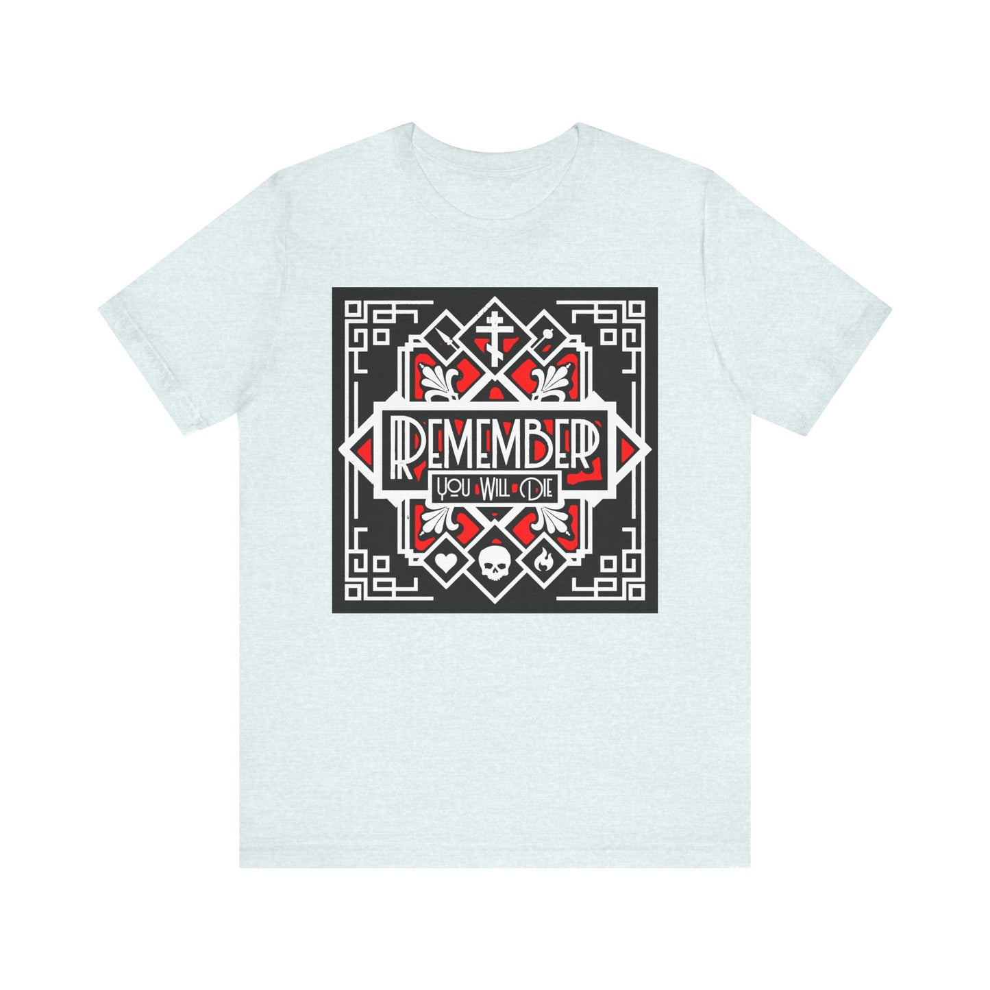 Heather Ice Blue lightweight cotton t-shirt featuring a bold red and white Art Deco design with heart, skull, and fire motifs. This "Remember You Will Die" graphic is inspired by Orthodox Christian memento mori—echoing St Ignatius Brianchaninov’s teachings on confronting what is deadly for sin.