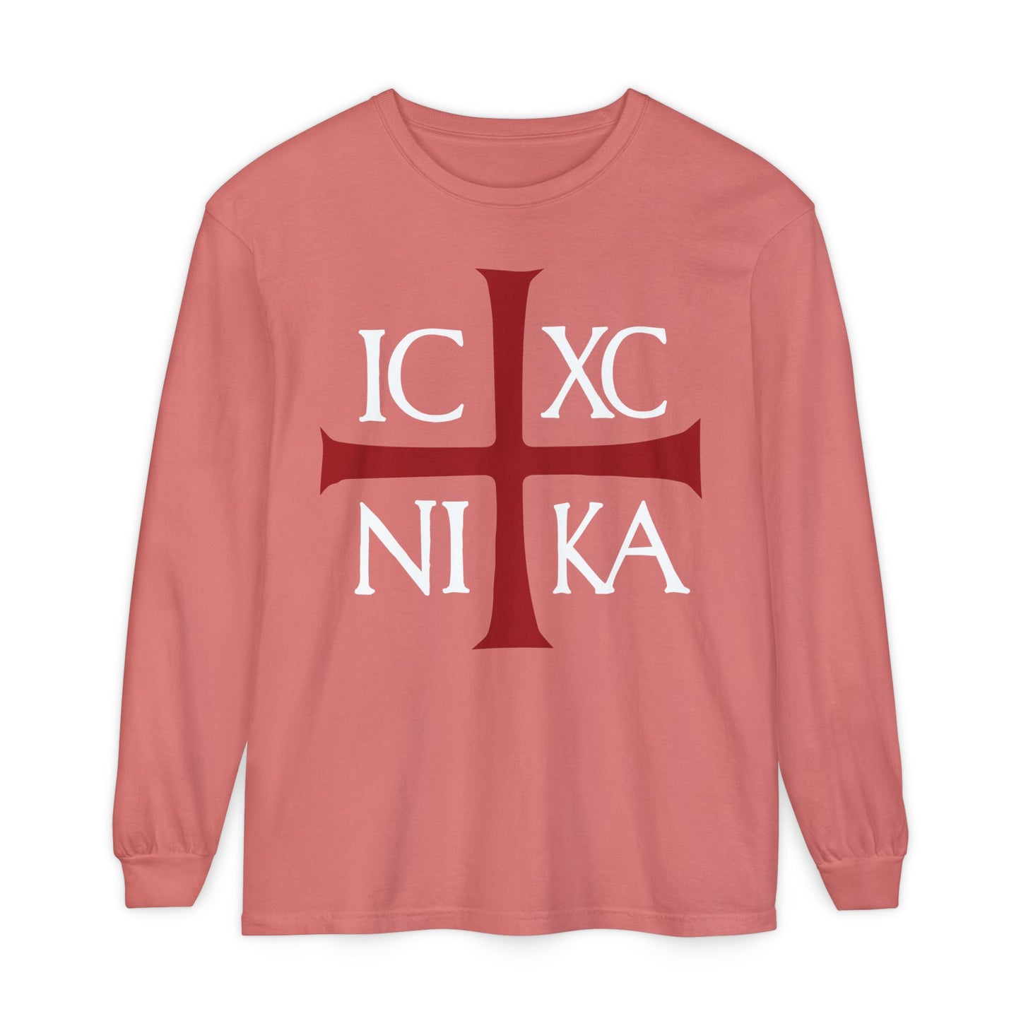 The ICXC NIKA Means Jesus Christ Conquers long sleeve in Watermelon features a red cross and white text, inspired by the ancient Byzantine Christogram and Orthodox Christian faith.