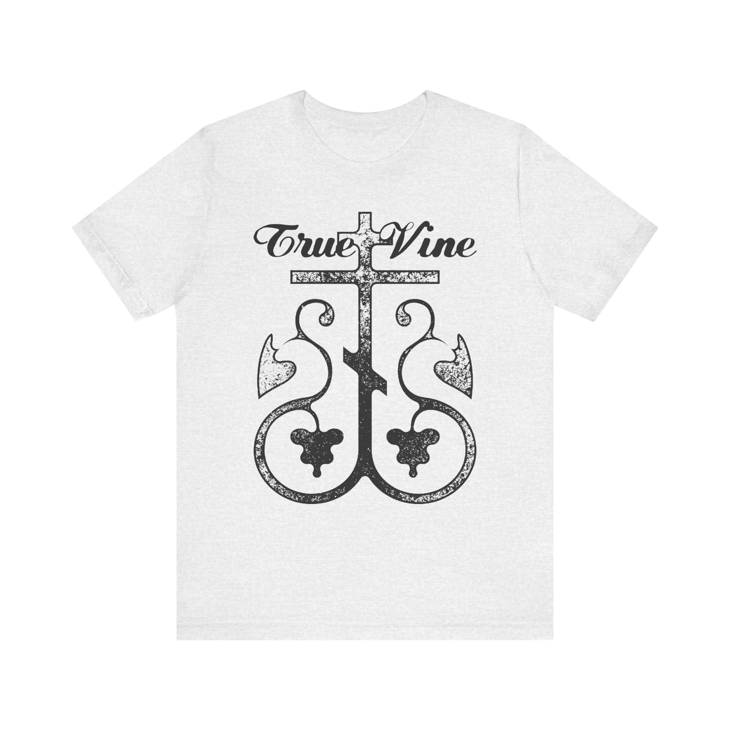 Ash-colored unisex t-shirt featuring "I Am the True Vine" (John 15, Ezekiel 15) with an Orthodox cross and grape vine graphic in a photocopy style, made from lightweight cotton.