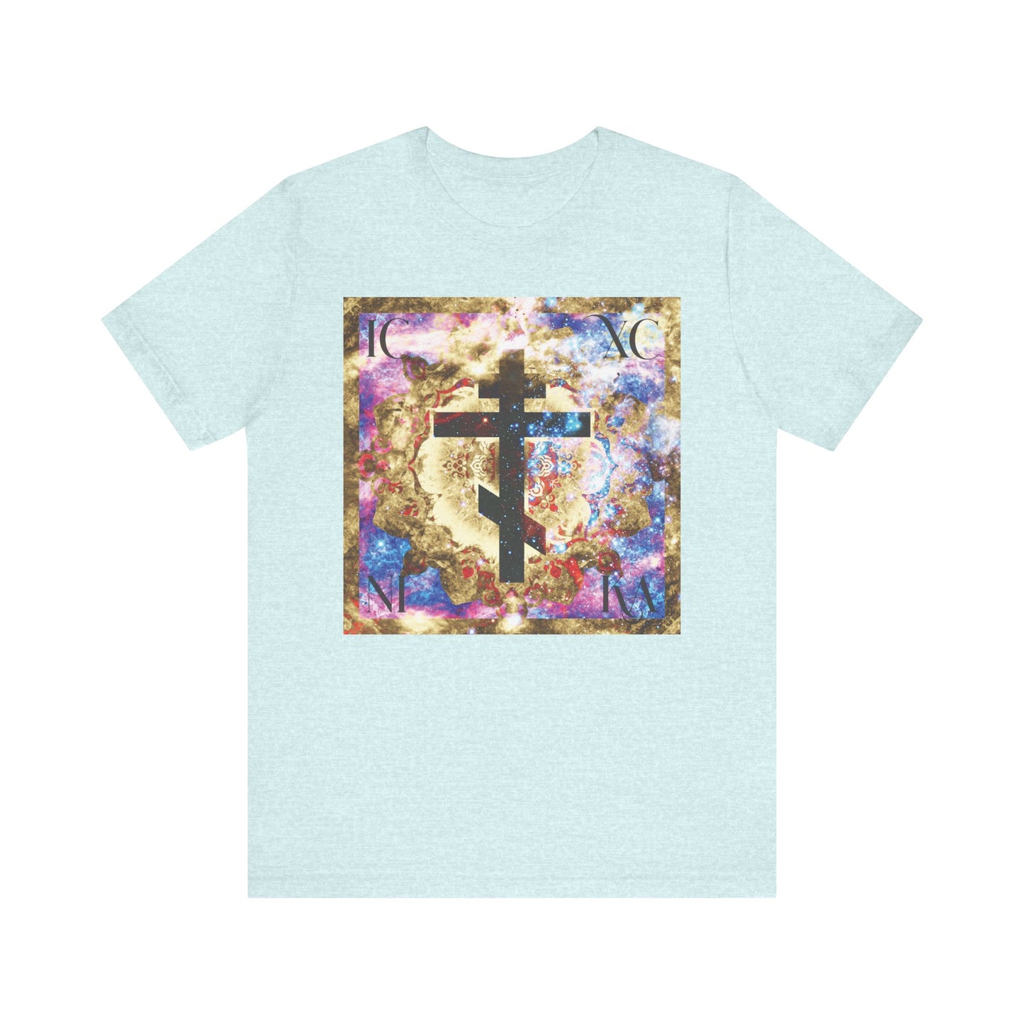Heather Prism Ice Blue t-shirt featuring the bold gold and blue ICXC NIKA Orthodox Cross over a vibrant cosmic abstract background, symbolizing victory and deliverance, made from lightweight cotton in a unisex fit.
